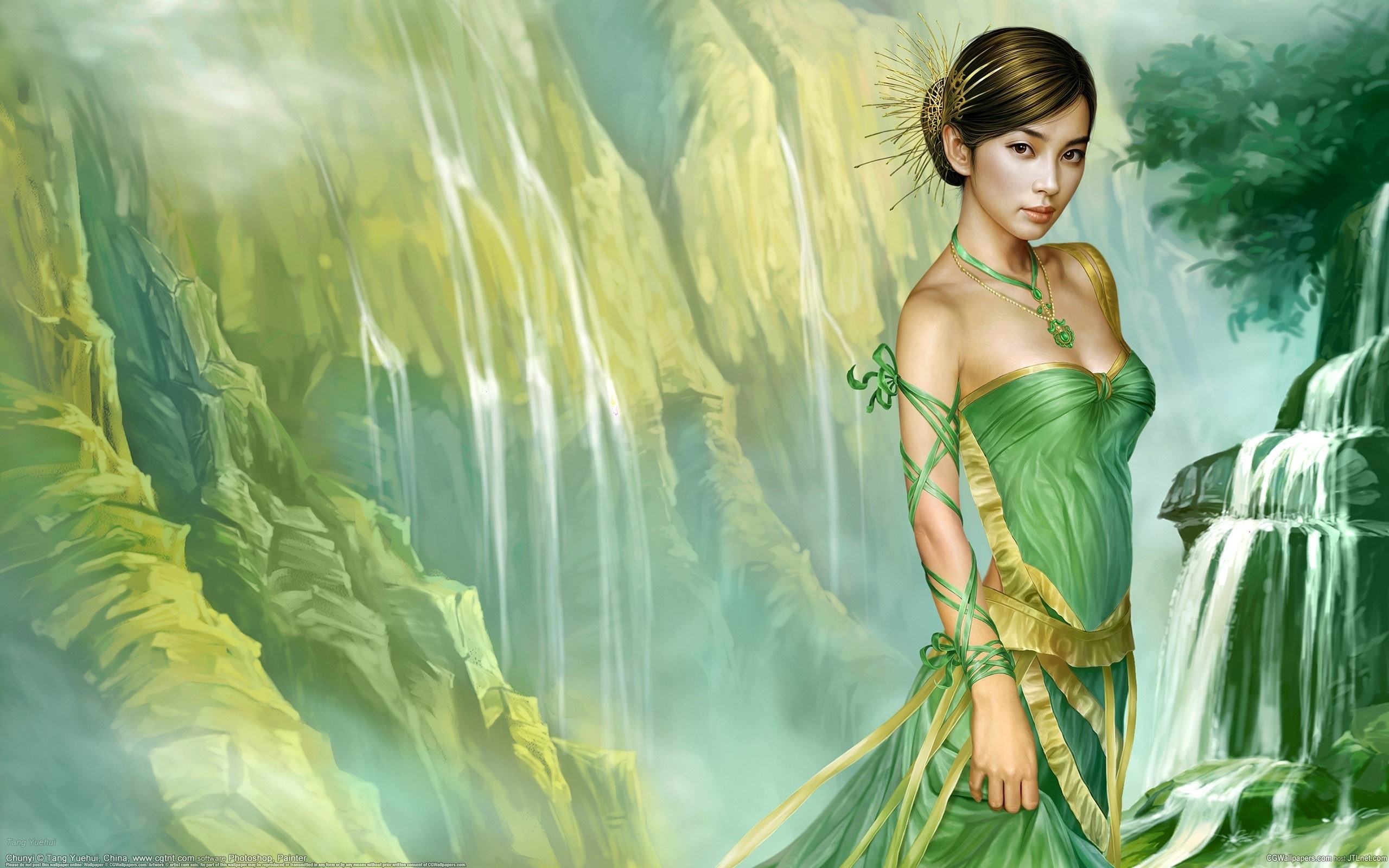 Woman in green dress near waterfalls HD Wallpaper