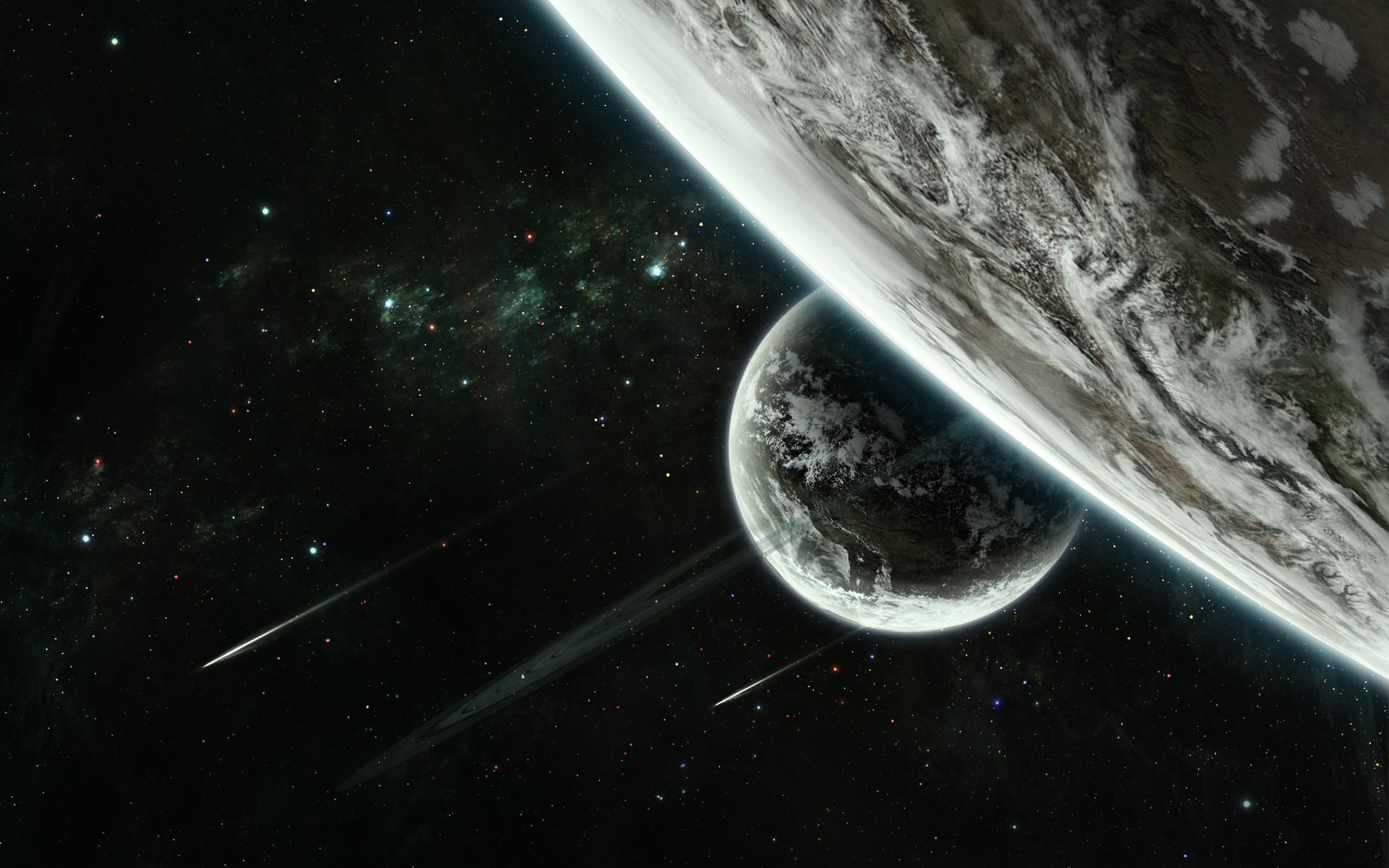 Two planets and a ring system in space HD Wallpaper