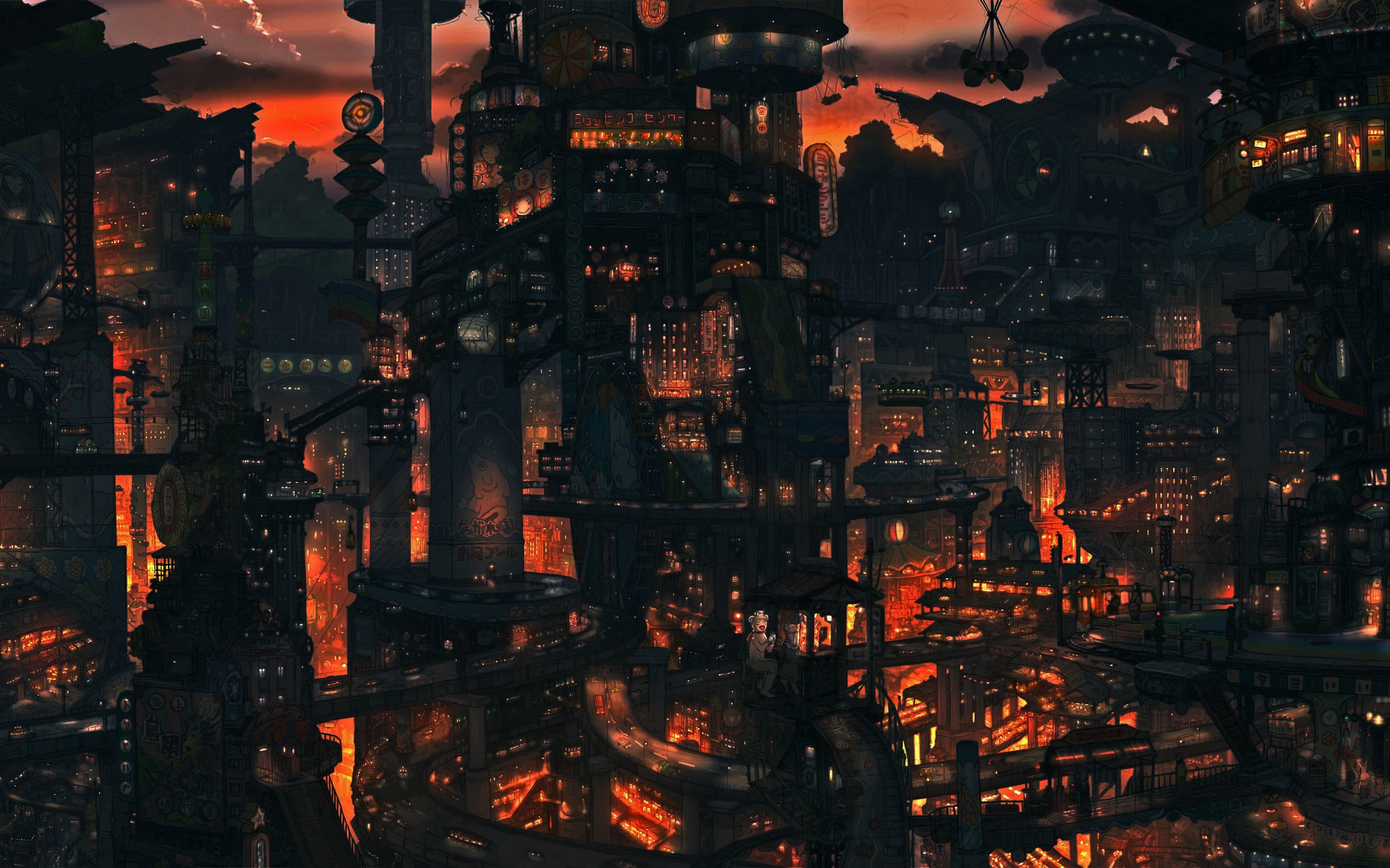 Steampunk city at sunset with orange glow HD Wallpaper