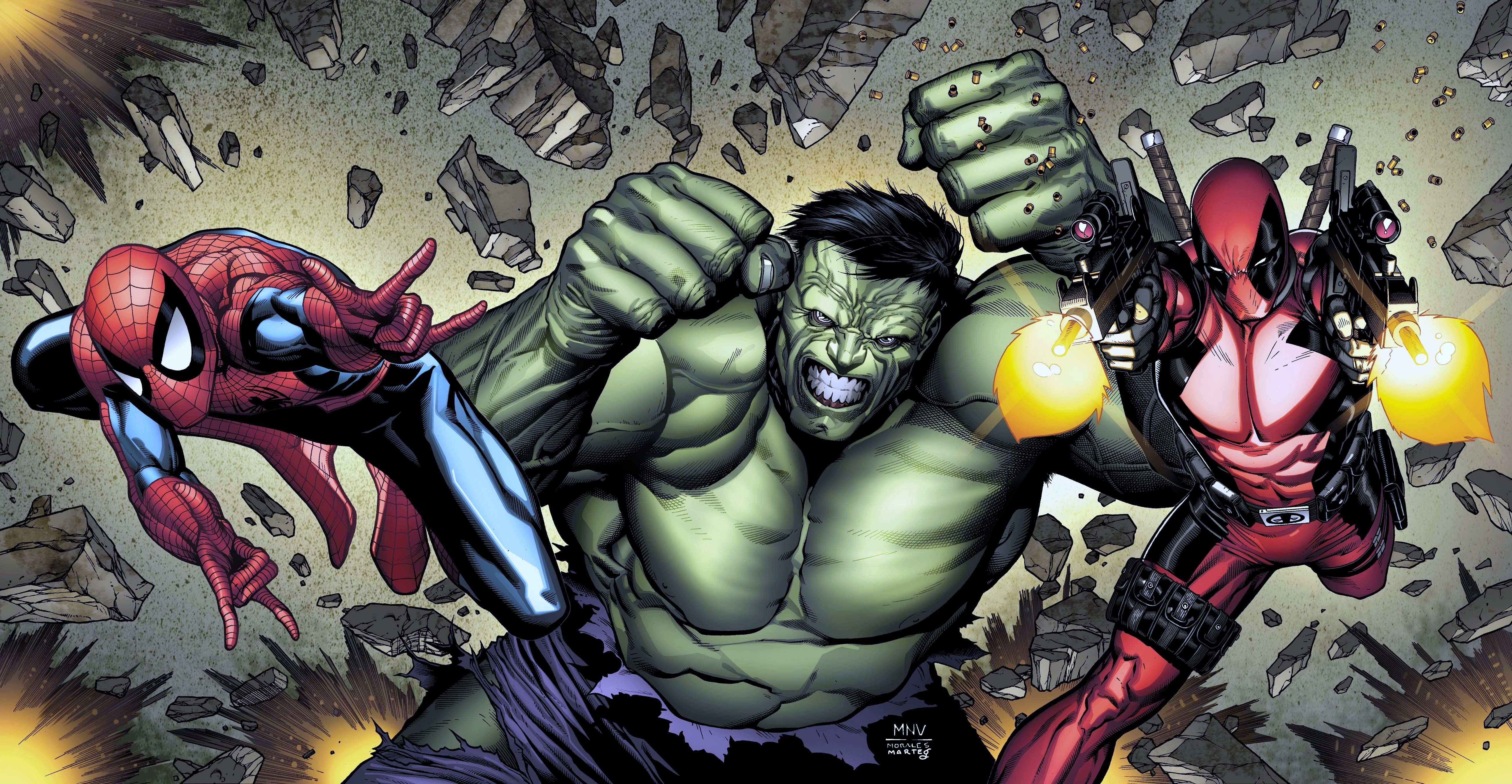 Hulk, Spider-Man, and Deadpool in Heroes Comics HD Wallpaper