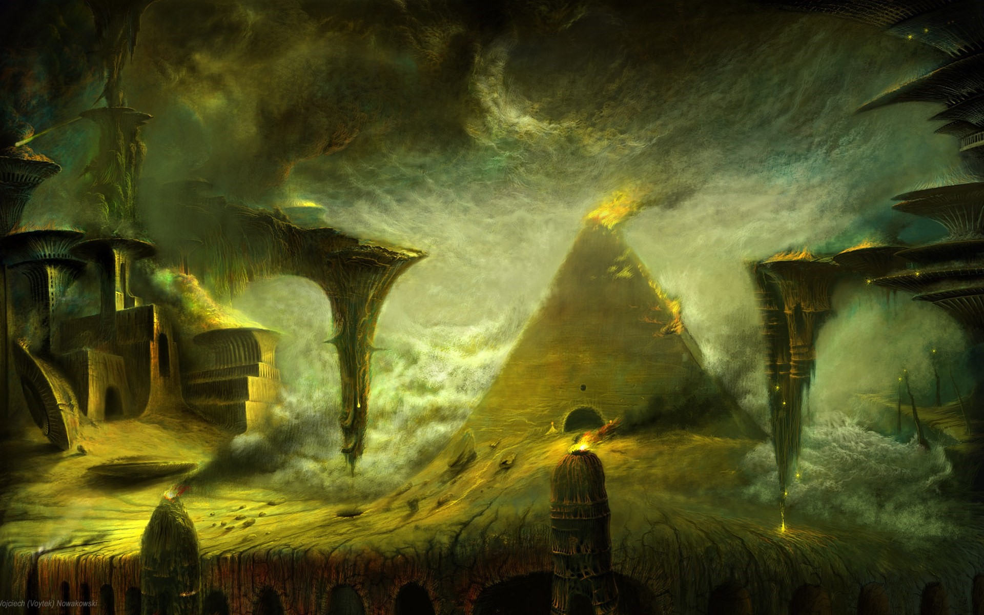 Surreal alien landscape with strange structures and a pyramid HD Wallpaper