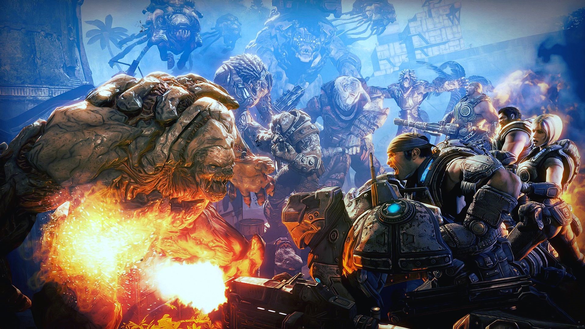 Gears of War characters fighting a large monster HD Wallpaper