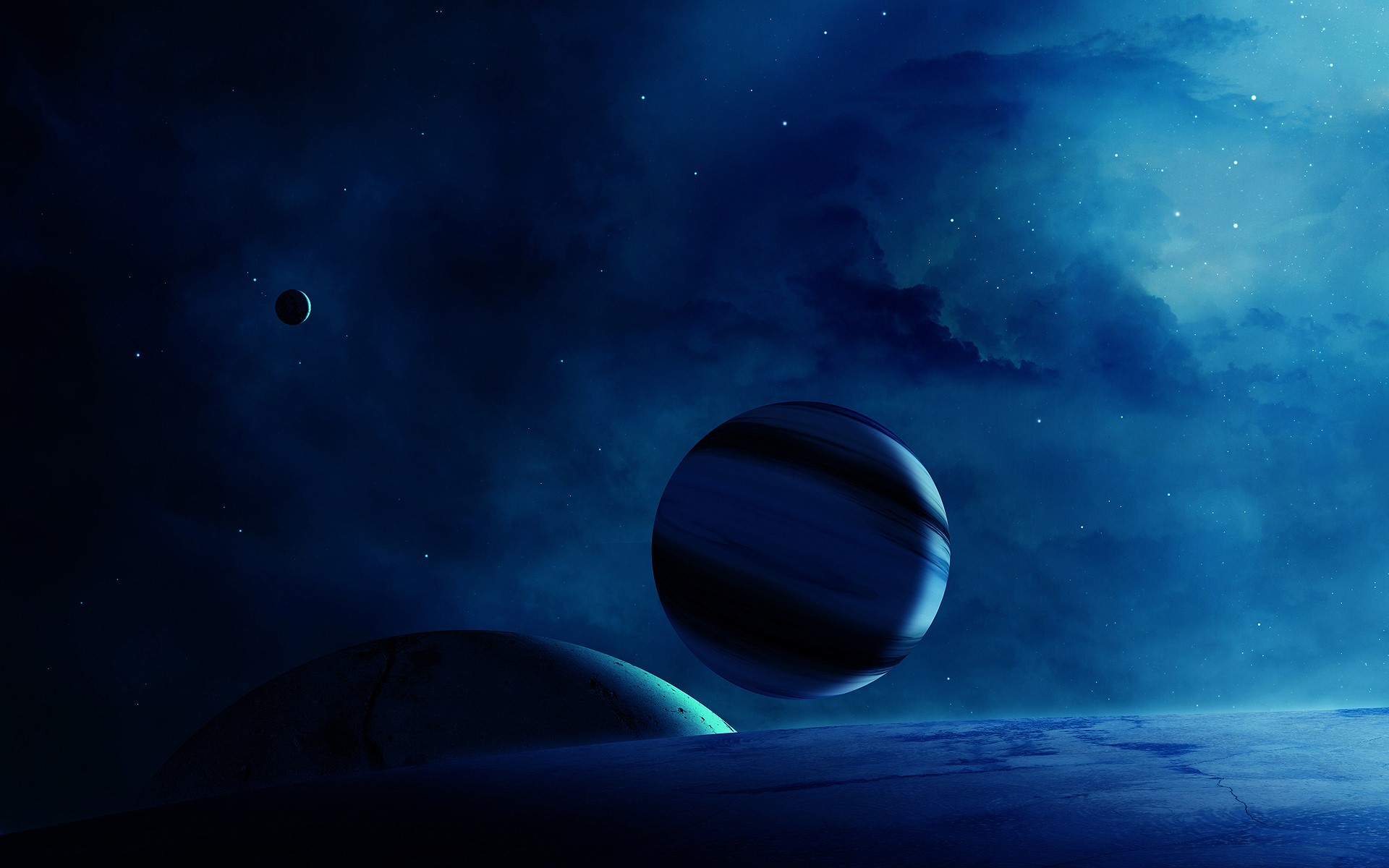 Planets in a dark, cloudy nebula HD Wallpaper