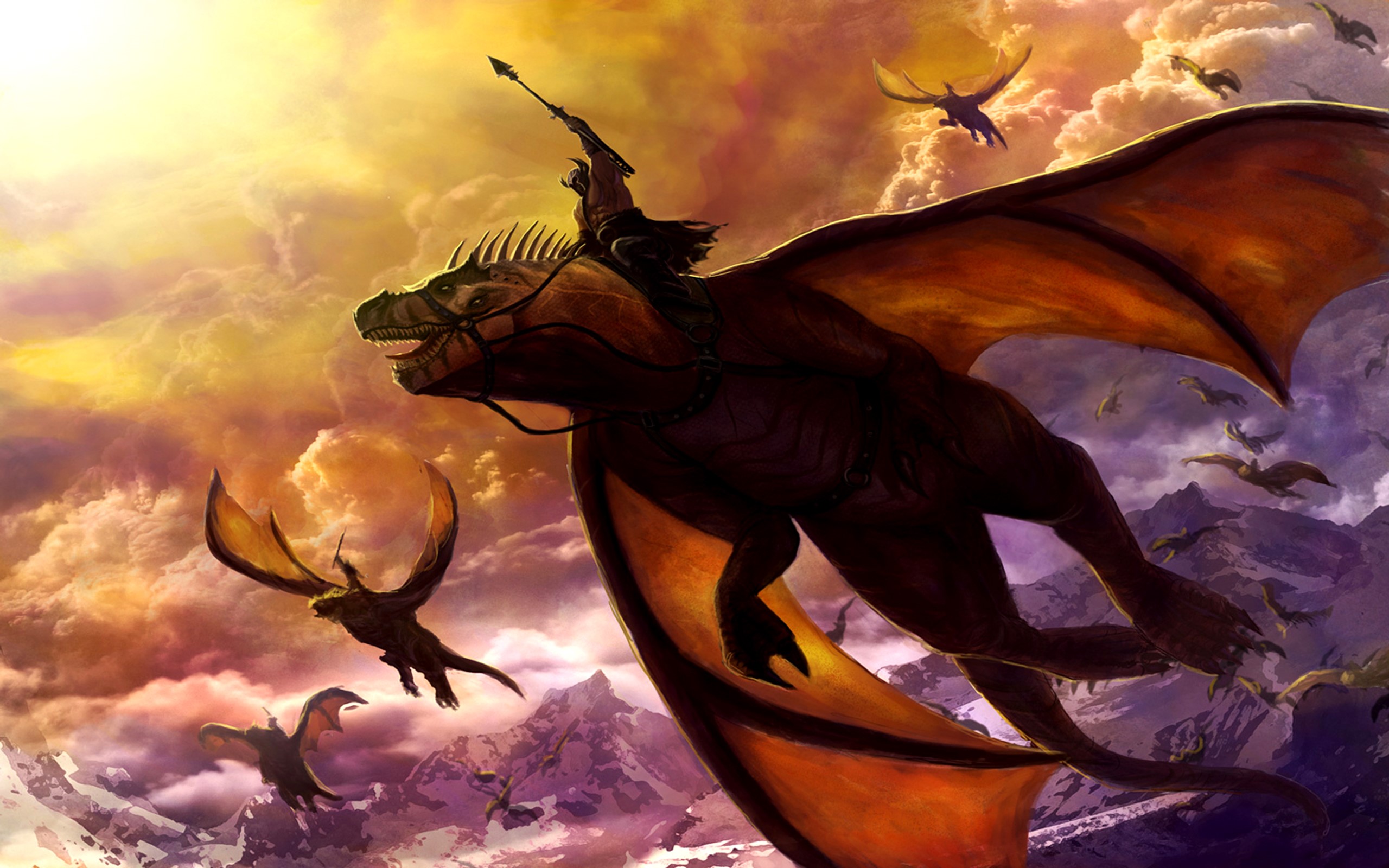 A rider on a dragon flying through clouds HD Wallpaper