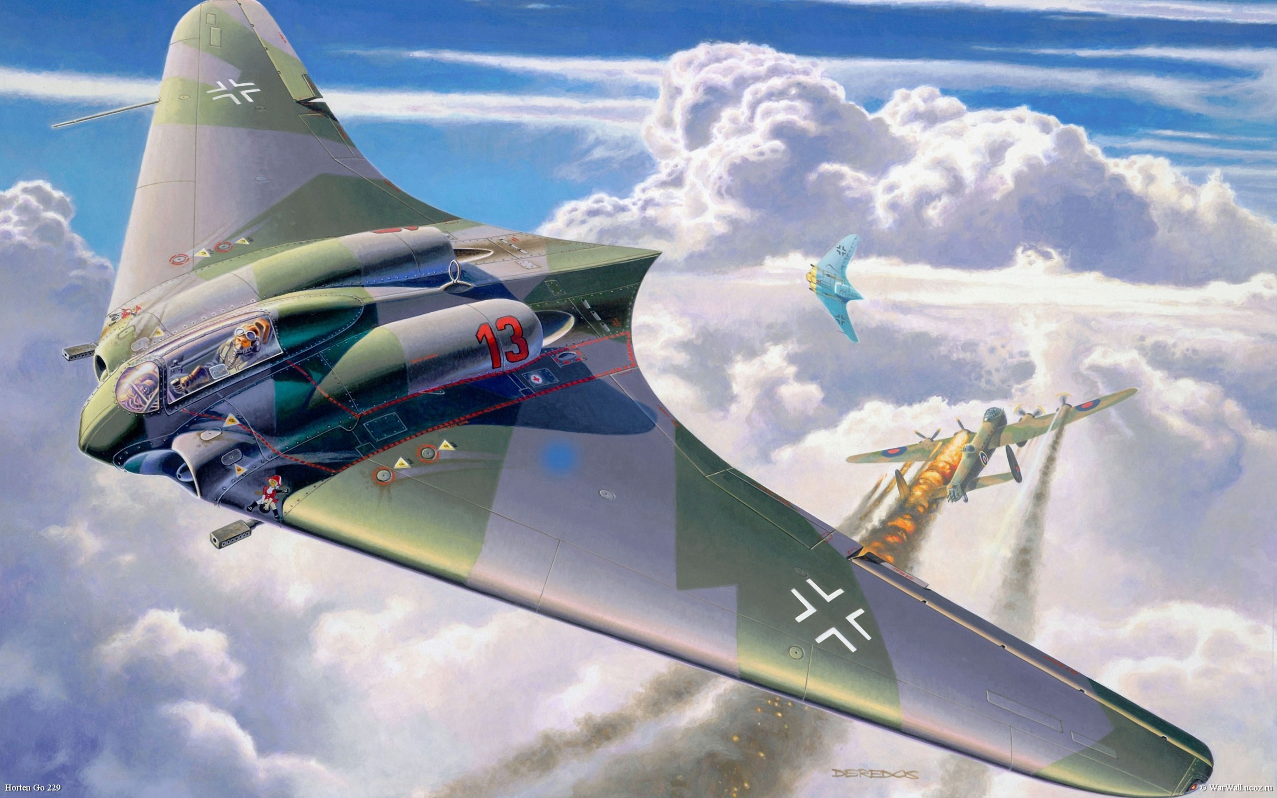 Painting of German Horten Ho 229 and Allied bombers HD Wallpaper
