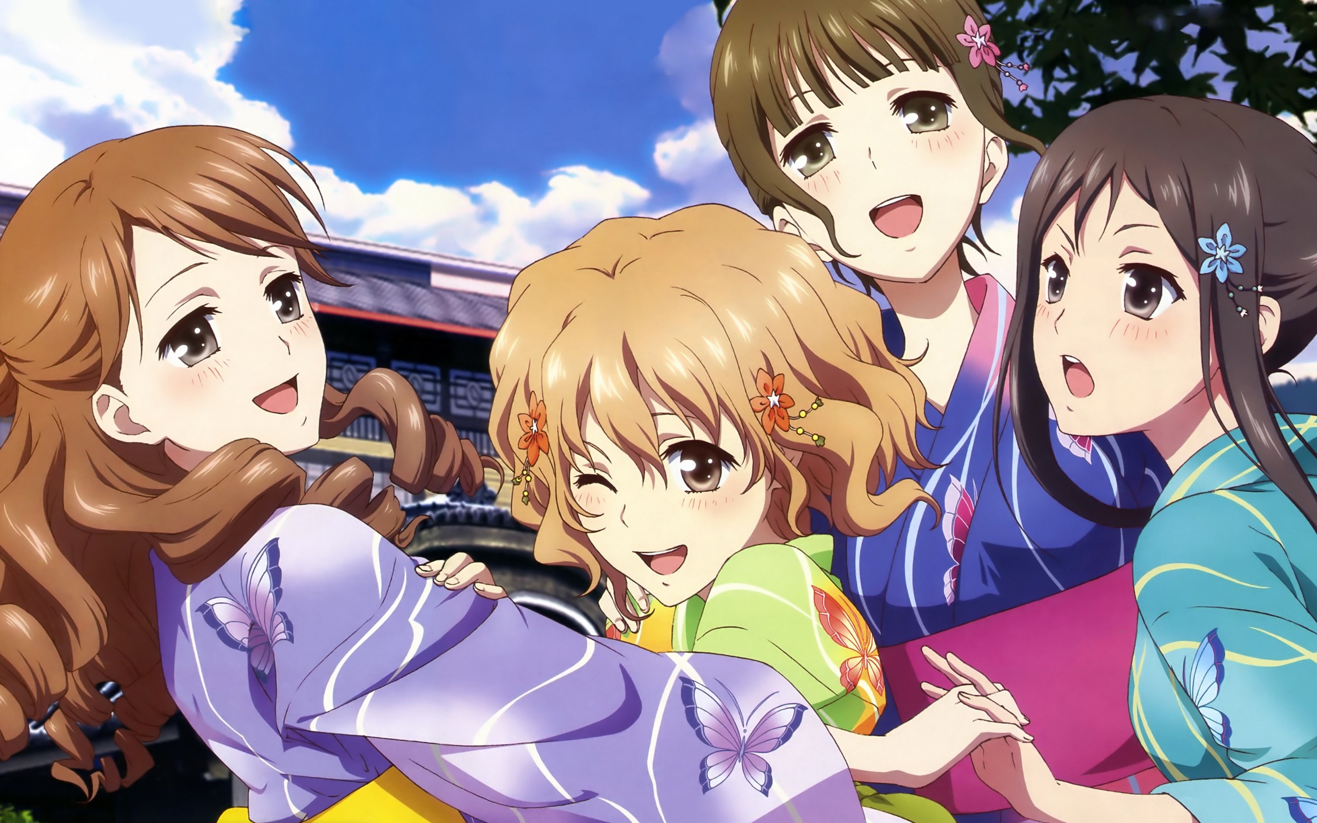 Four girls in yukatas from Hana-Saku Iroha HD Wallpaper