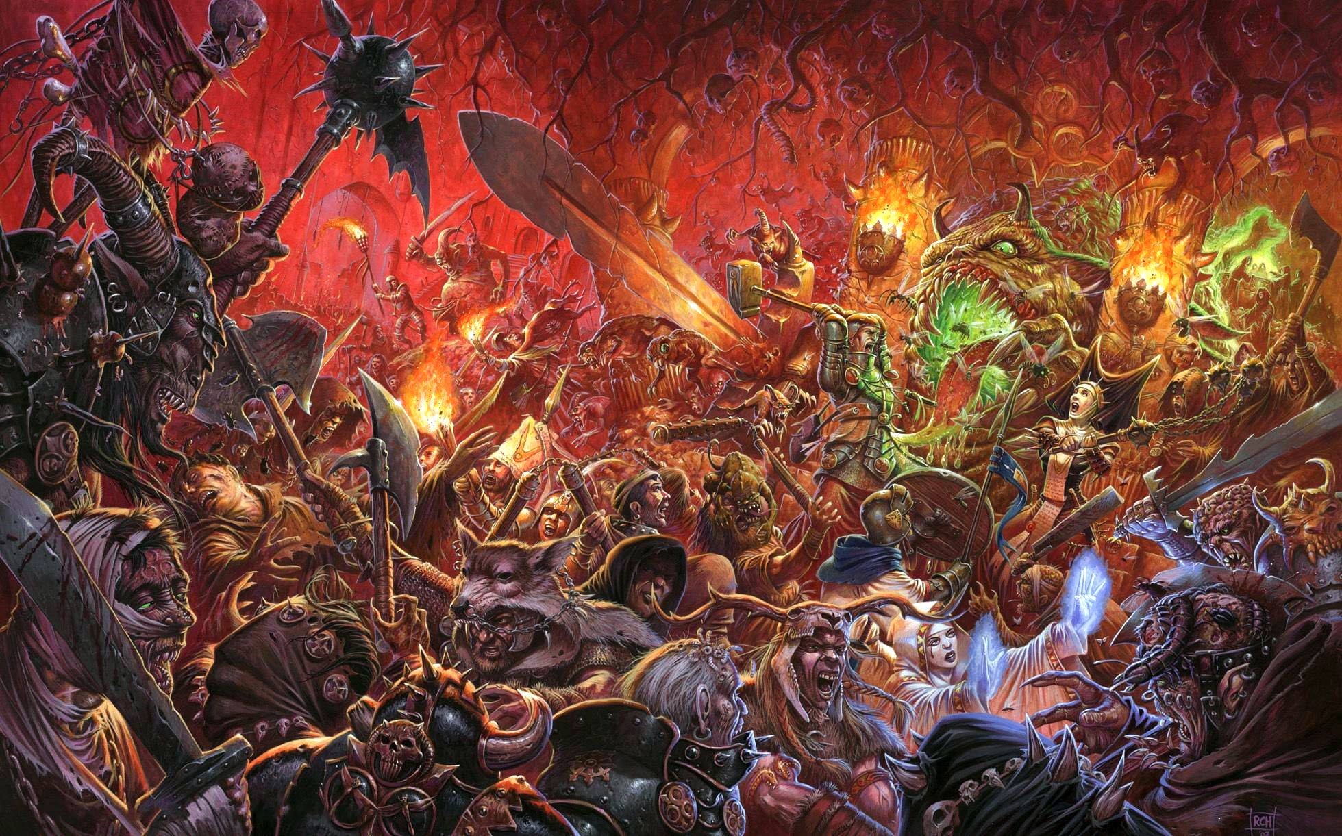 A chaotic battle between monsters and warriors in a hellish landscape HD Wallpaper