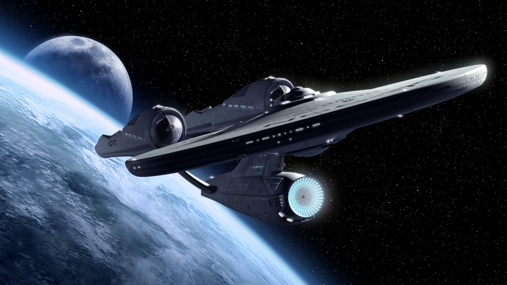Starship flying over a planet HD Wallpaper