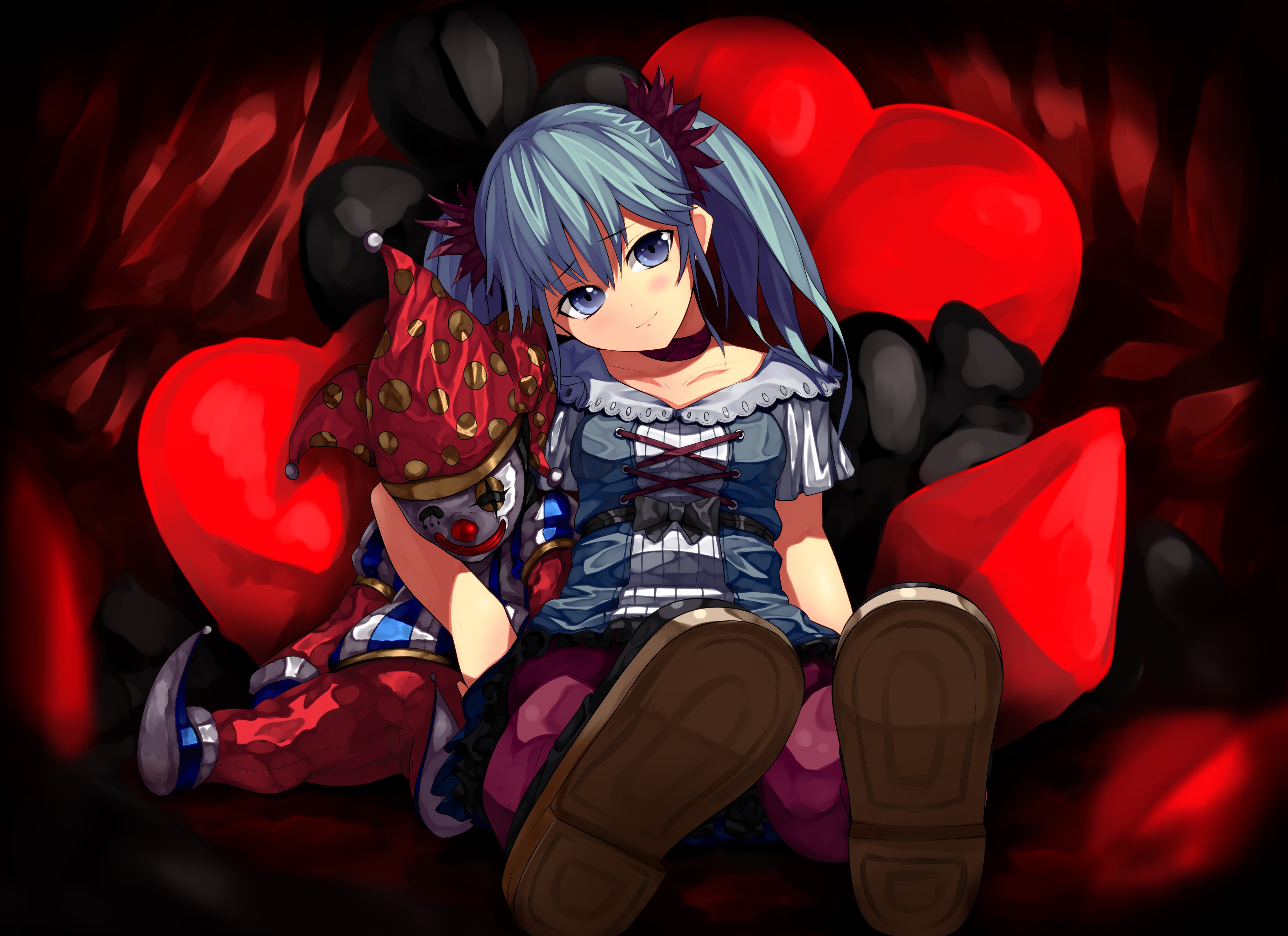 Girl with Clown Doll and Red Hearts HD Wallpaper