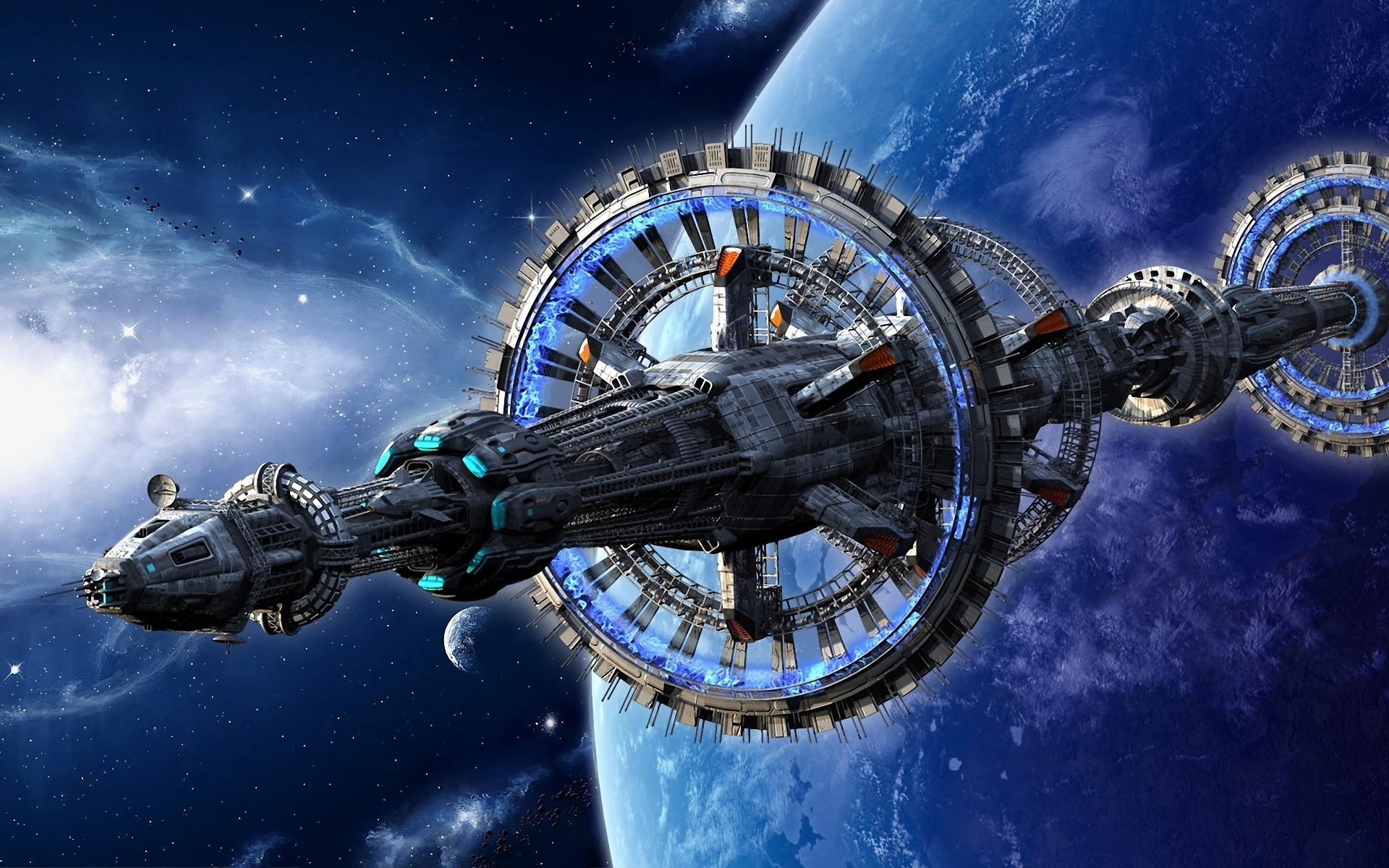 Massive spaceship in orbit around a blue planet HD Wallpaper