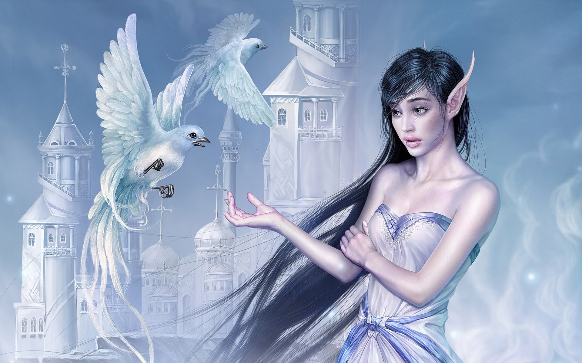 Elf girl with birds and fantasy castle HD Wallpaper