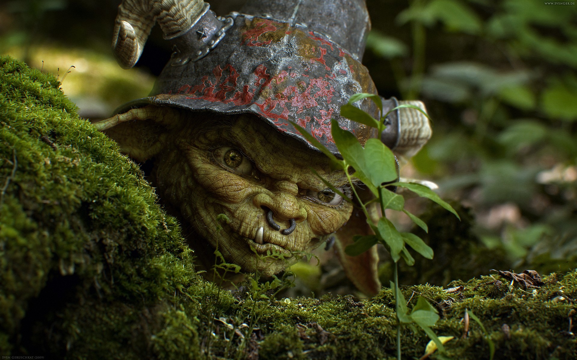Goblin with horns and nose ring in mossy forest HD Wallpaper