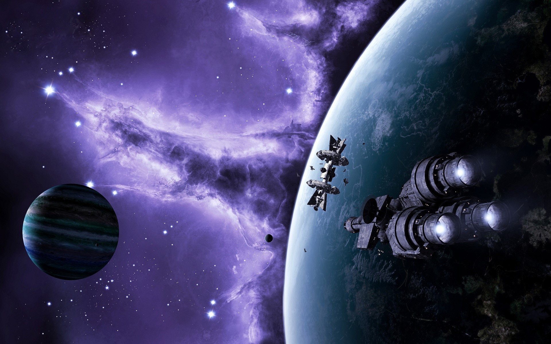 Spaceships near a planet and nebula HD Wallpaper