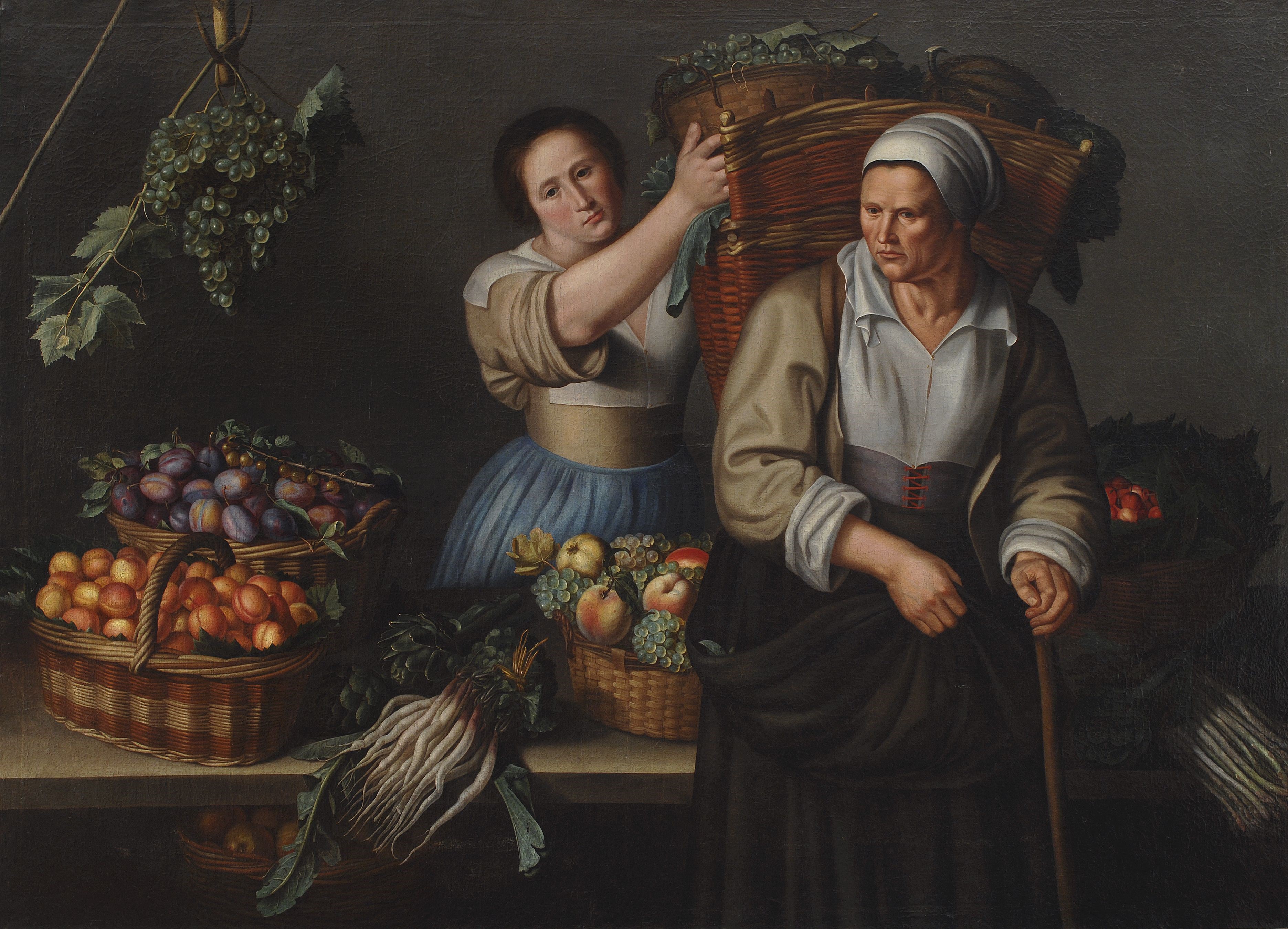 Two women with baskets of fruit and vegetables HD Wallpaper