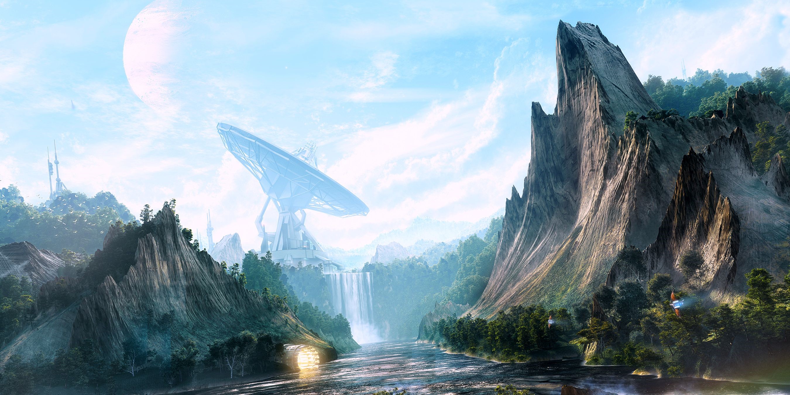 Fantastic world with alien planet and futuristic structures HD Wallpaper