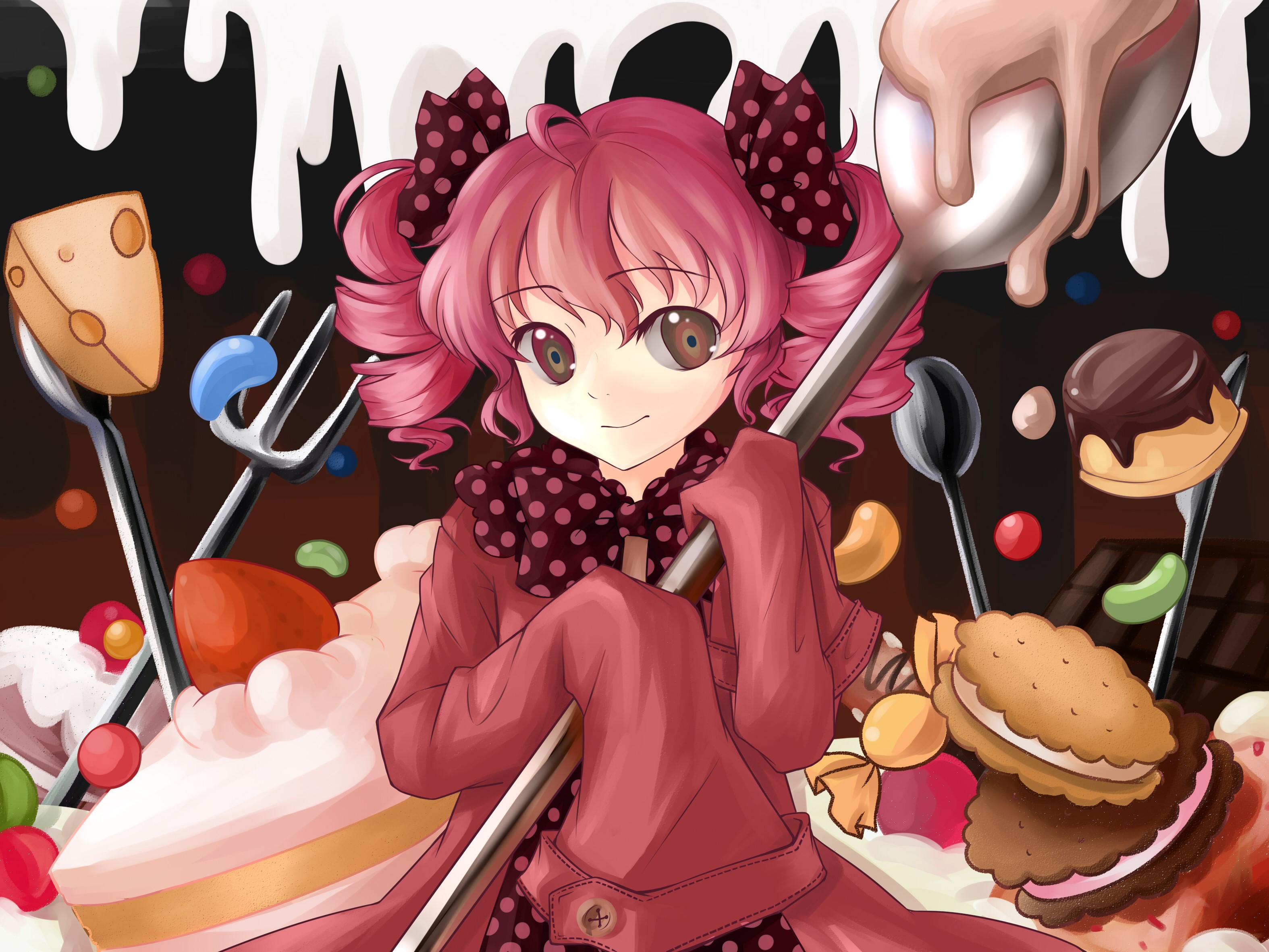 Madoka Magica: Girl with Pink Hair and Sweets HD Wallpaper
