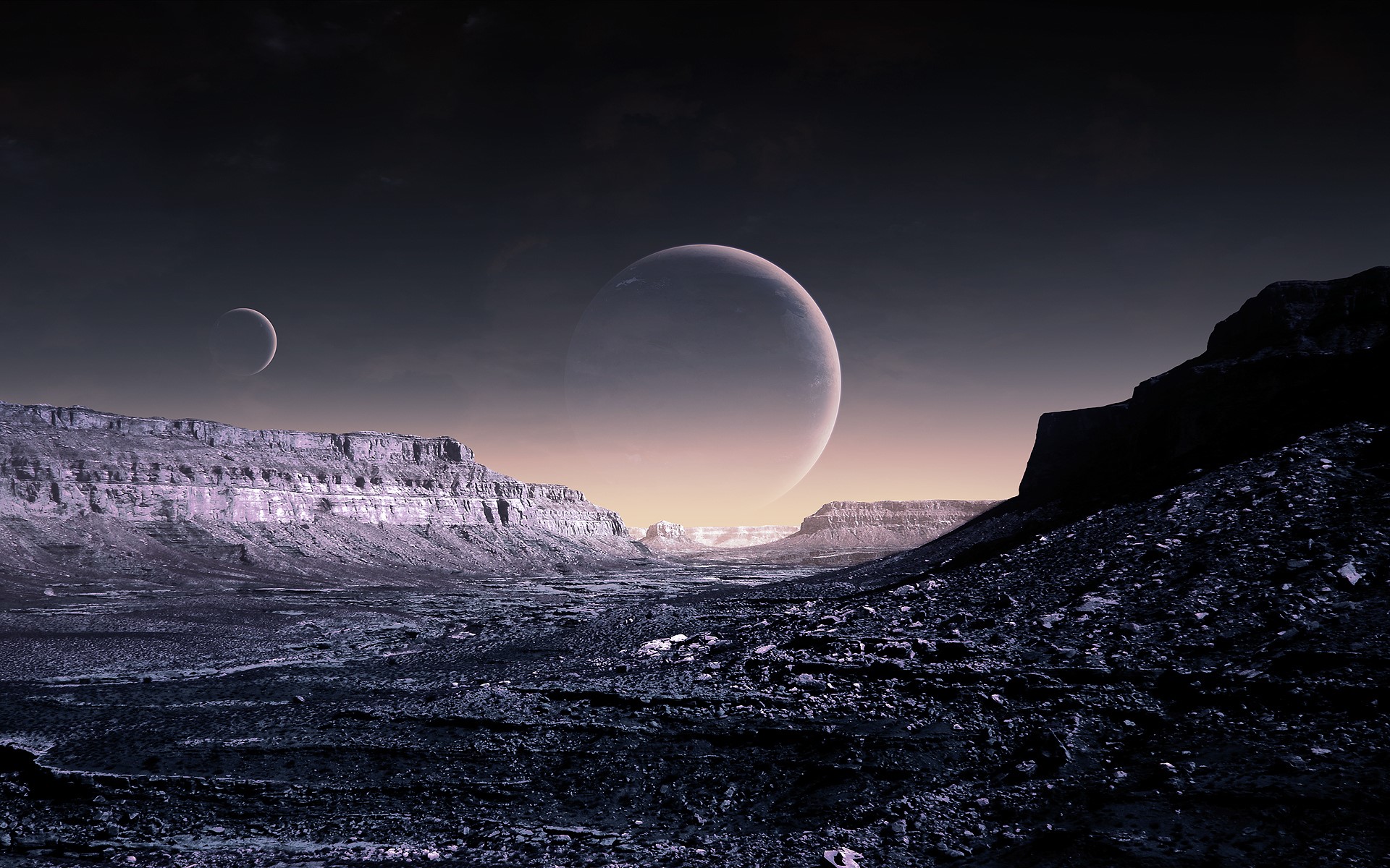 Alien landscape with two moons and rocky terrain HD Wallpaper