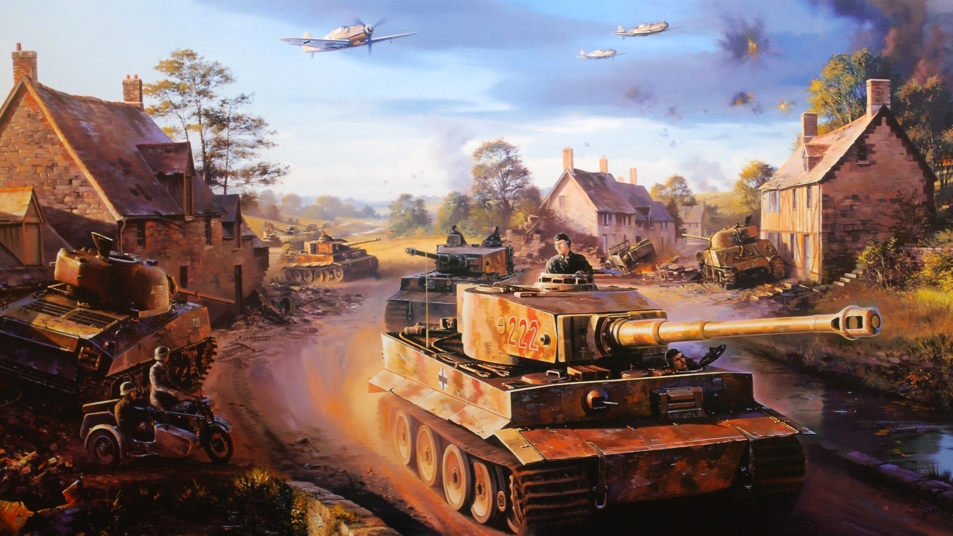 Painting of a battle scene with tanks and planes HD Wallpaper