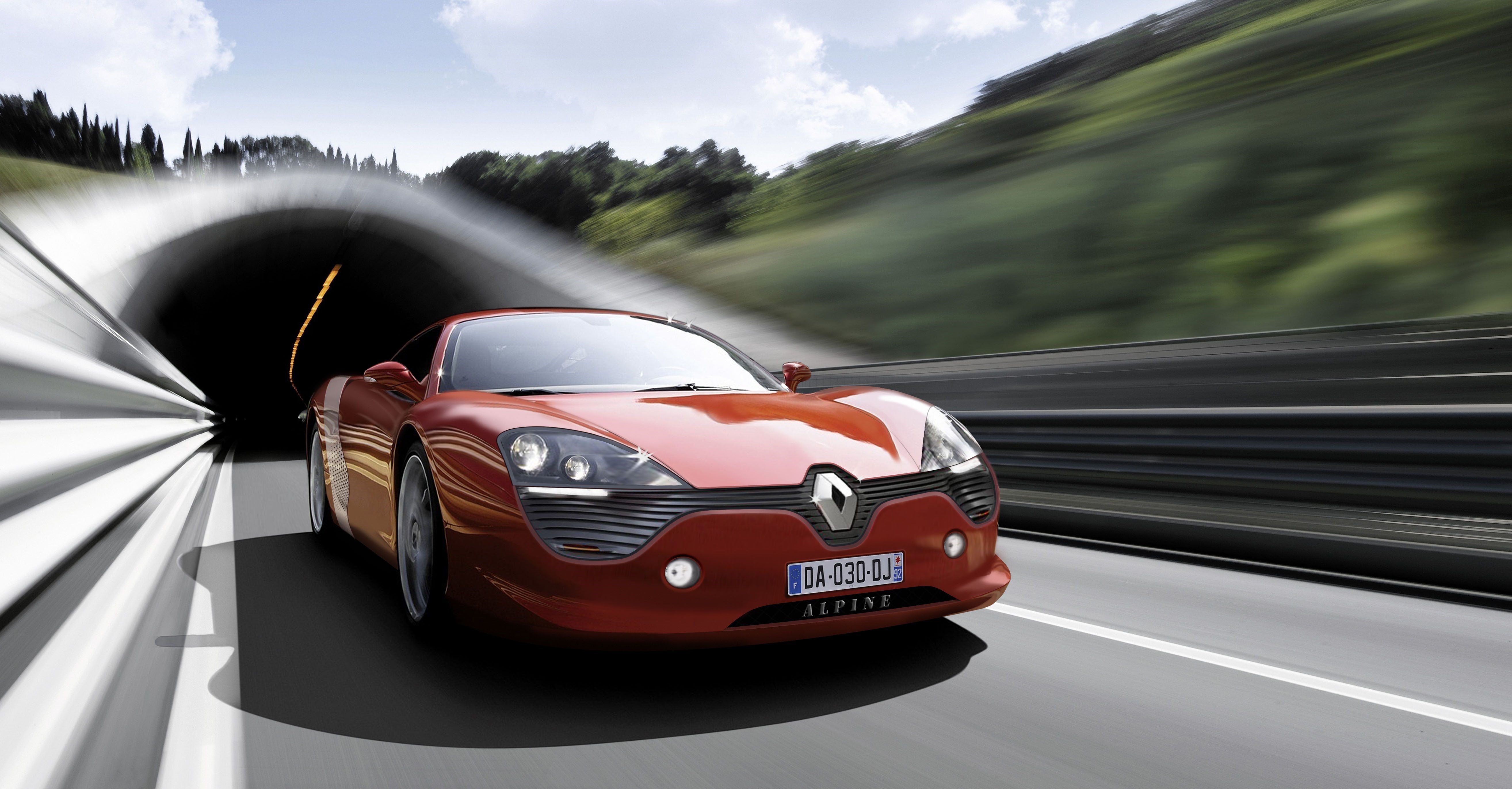 Renault Alpine sports car exiting a tunnel HD Wallpaper