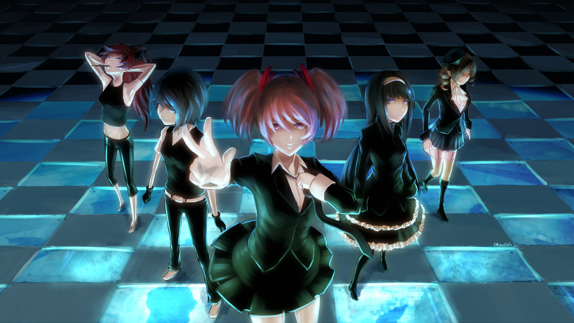 Mahou Shoujo Madoka Magica characters on a checkered floor HD Wallpaper