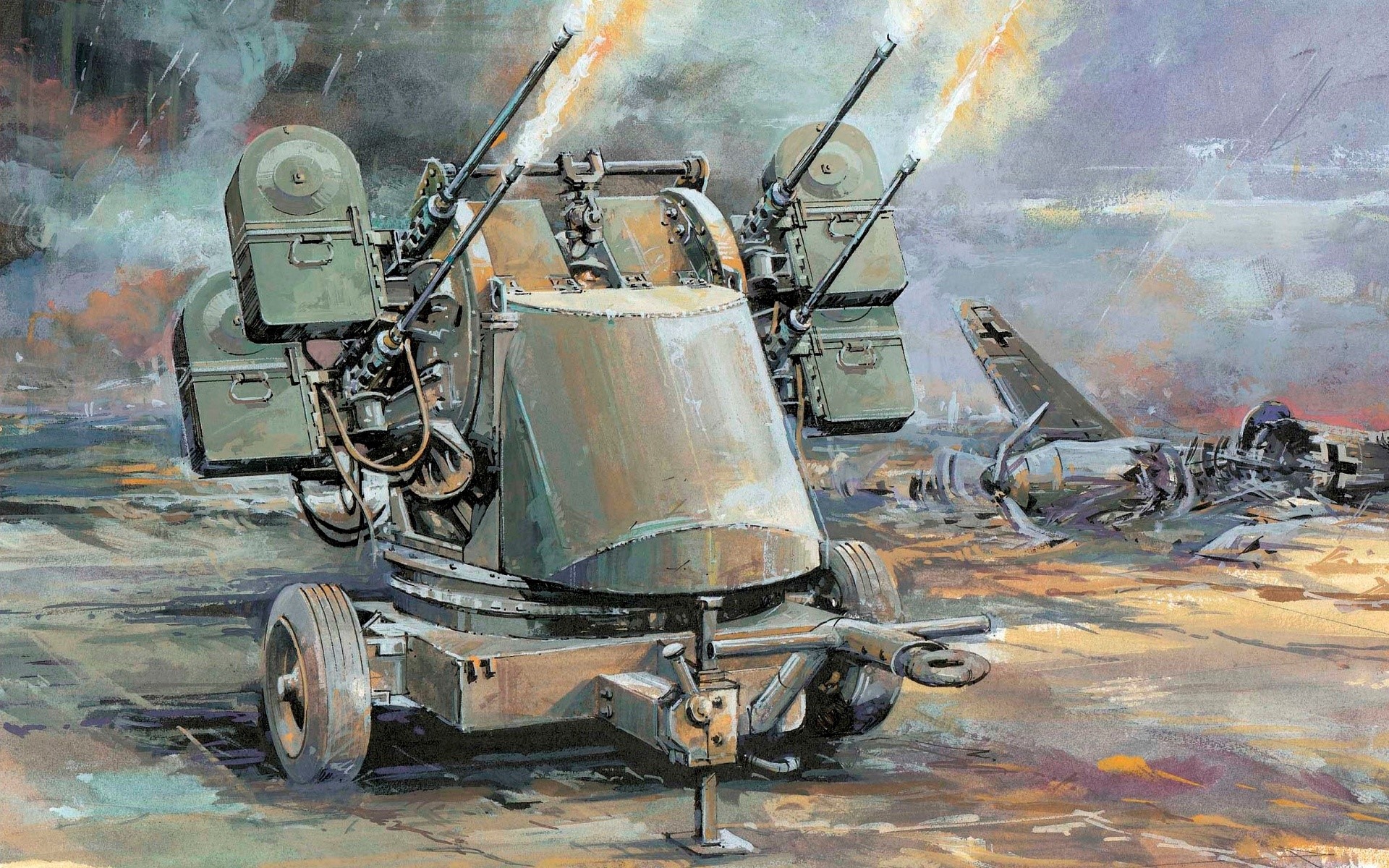 Painting of a quad AA gun firing at a destroyed airplane HD Wallpaper