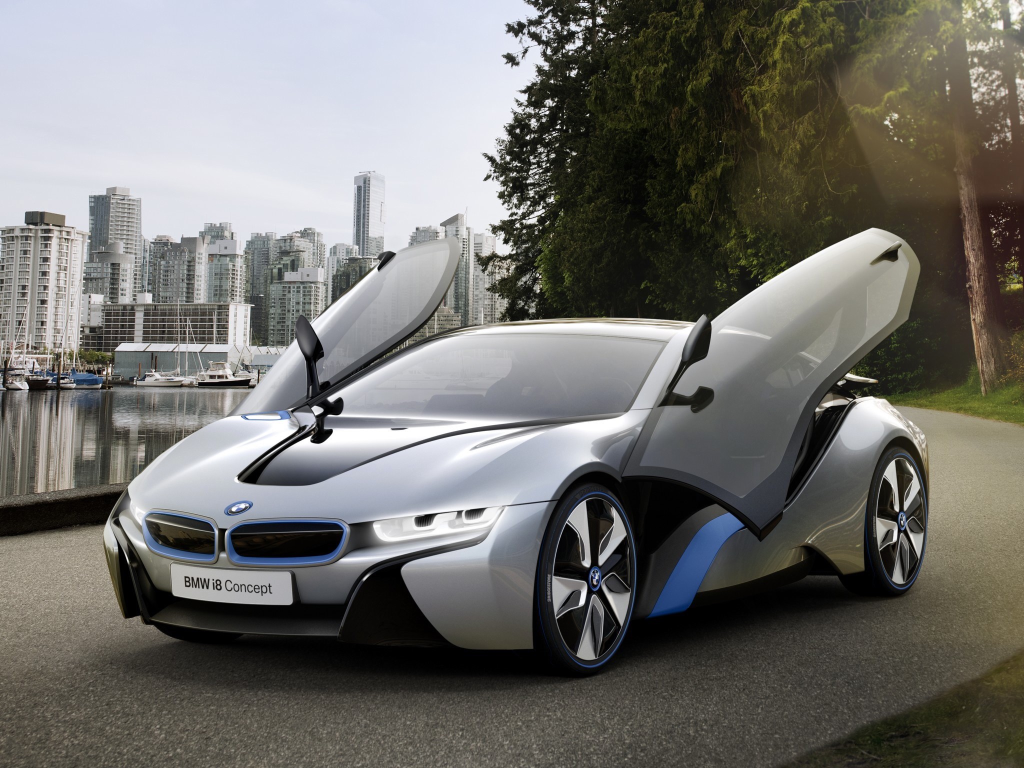 BMW i8 Concept car with butterfly doors open HD Wallpaper