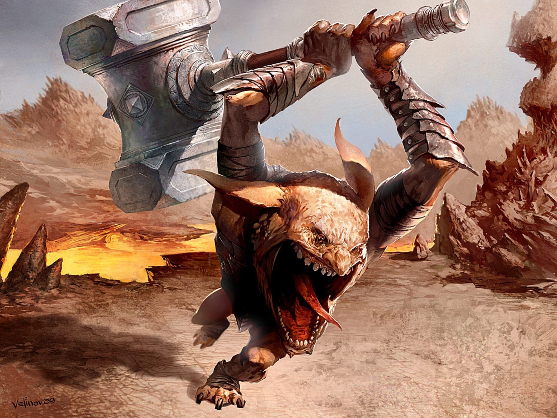 Goblin with a large hammer in a desert landscape HD Wallpaper