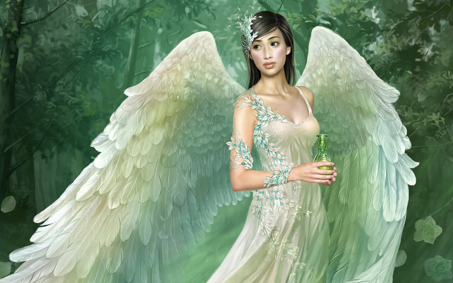 Angel holding a potion in a forest HD Wallpaper