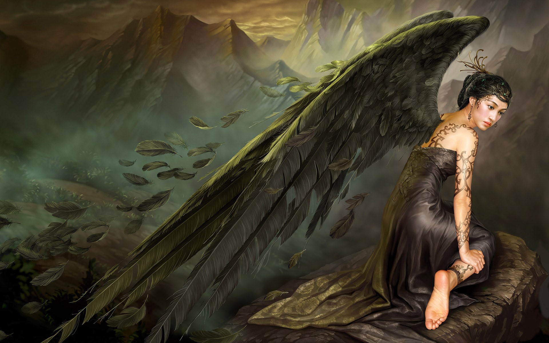Angel with black wings in a mountainous landscape HD Wallpaper