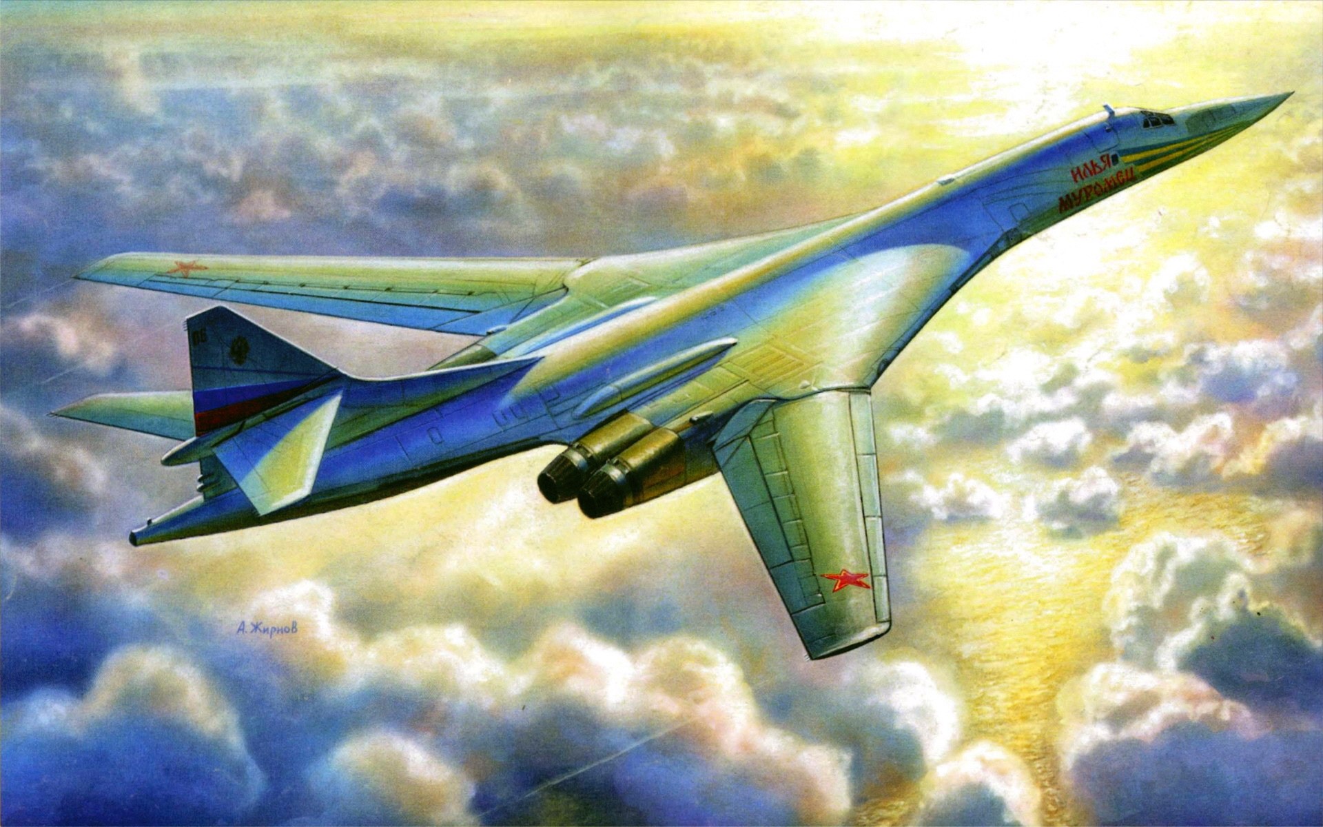 Painting of a Tupolev Tu-160 bomber in flight HD Wallpaper