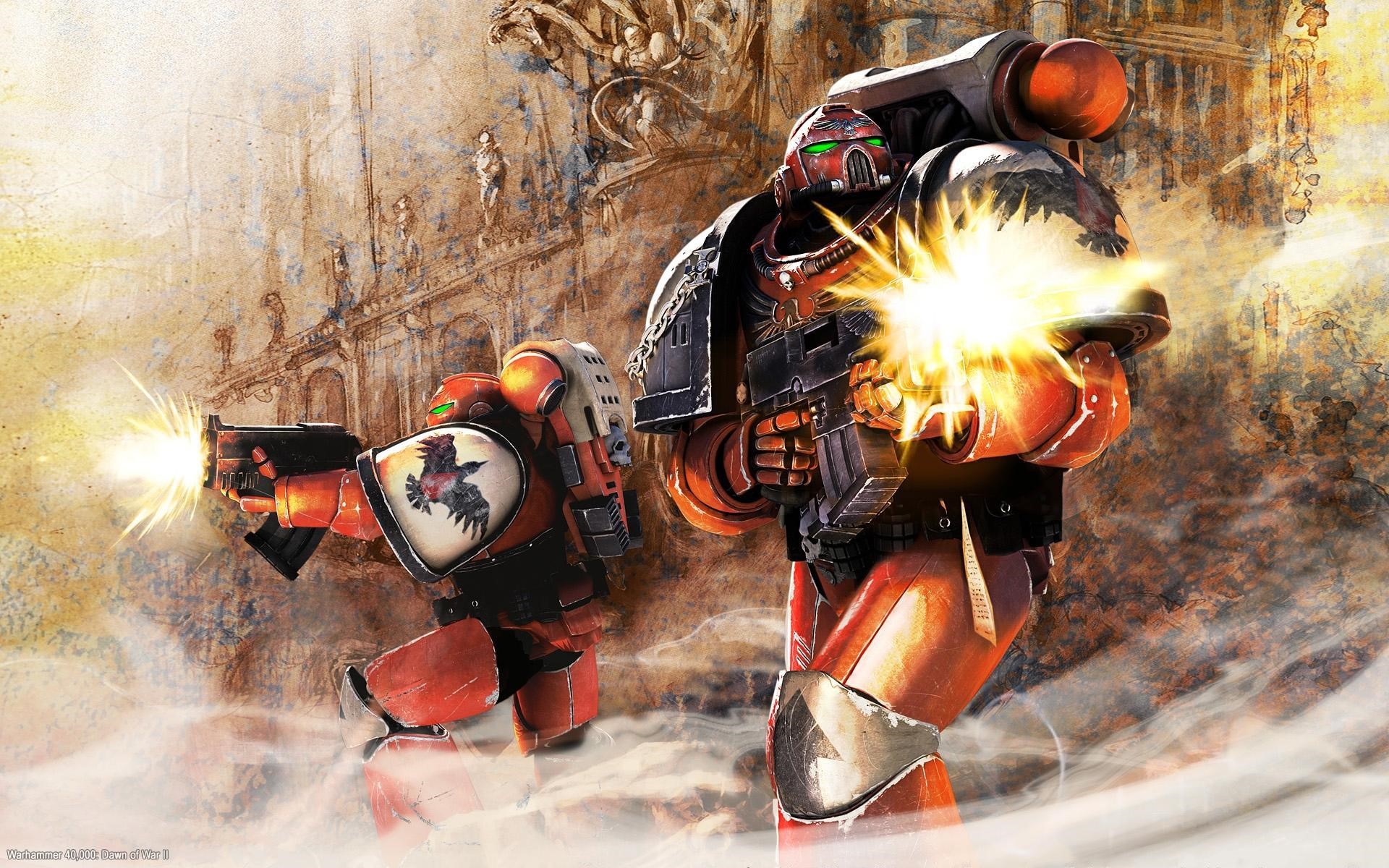 Warhammer 40000 Space Marines firing weapons HD Wallpaper