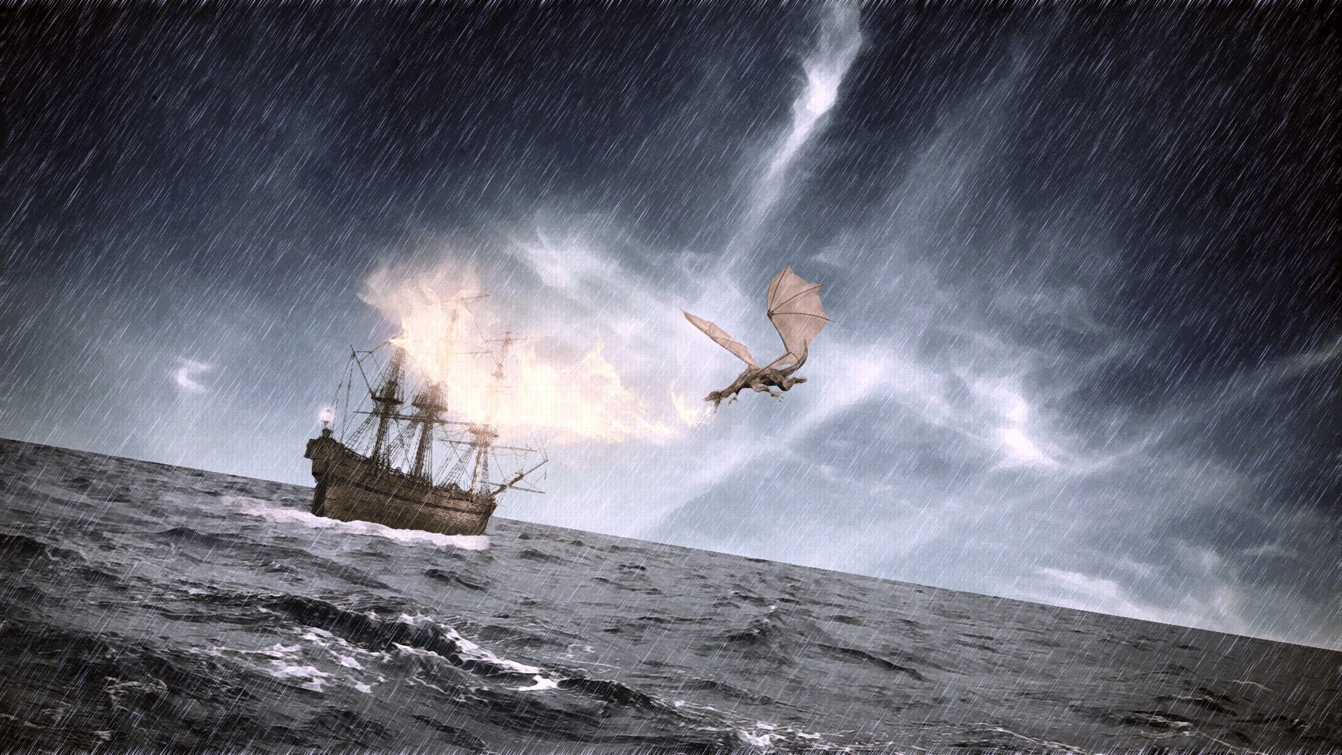 Dragon attacking a burning ship in a storm HD Wallpaper