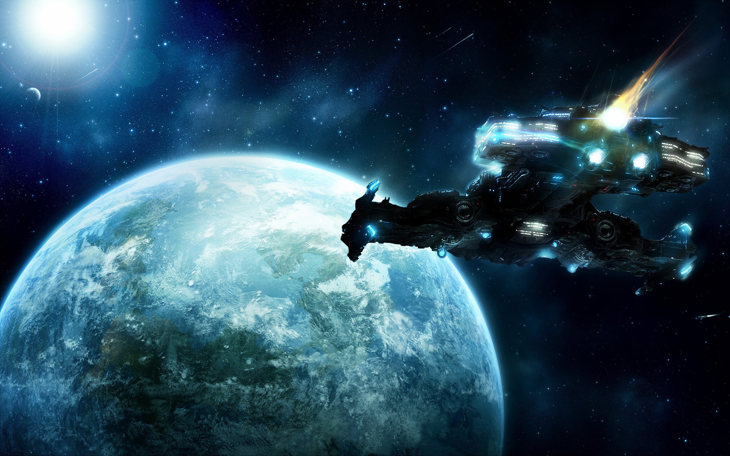 Spaceship near a planet in outer space HD Wallpaper