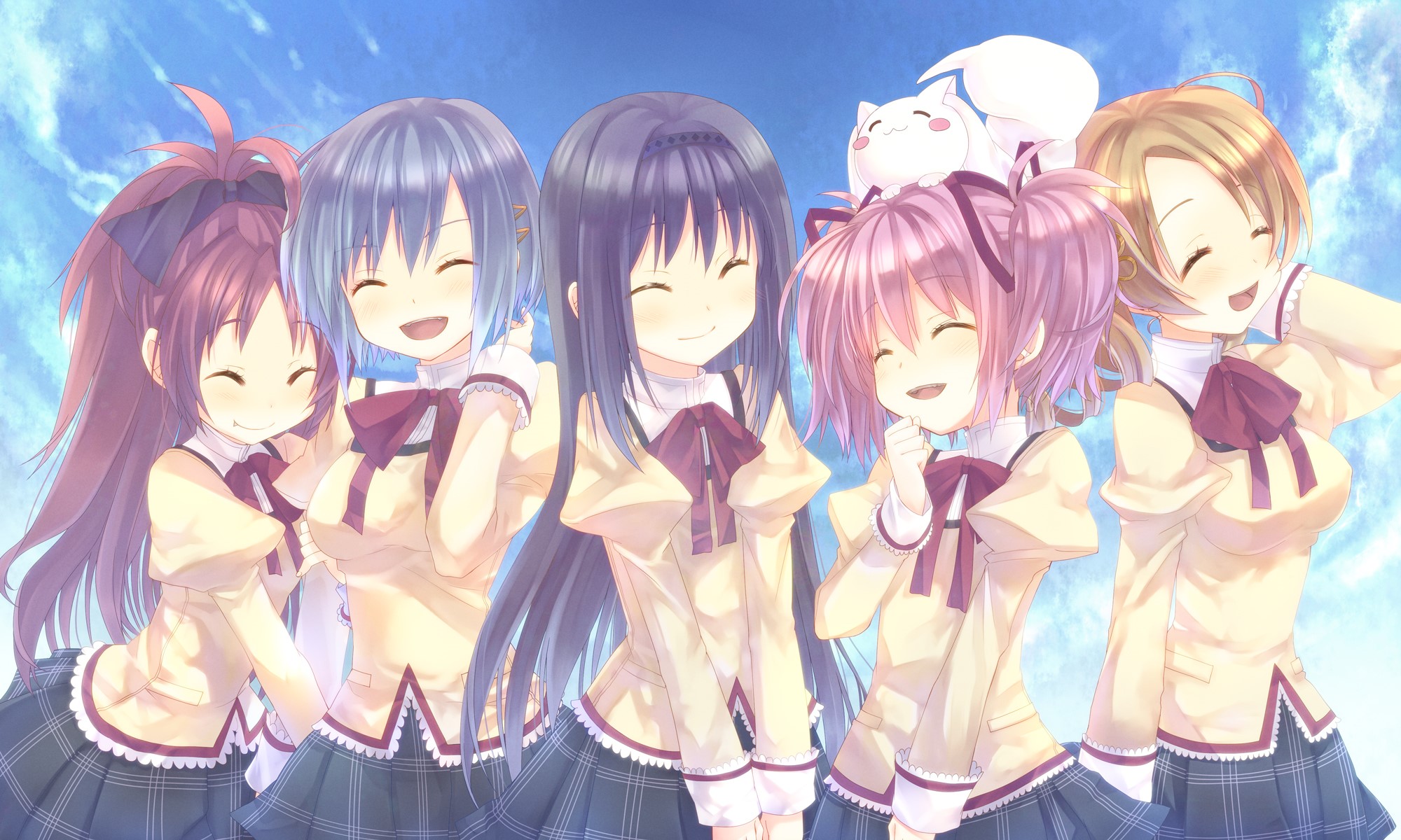 Mahou Shoujo Madoka Magica characters with a cat HD Wallpaper