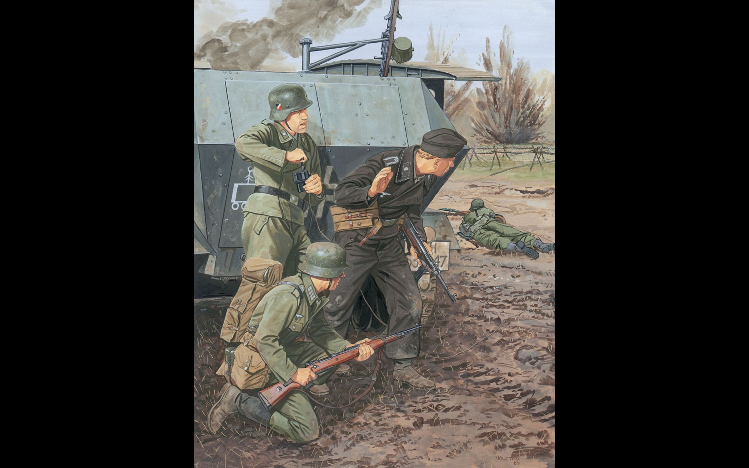 German soldiers in combat near a vehicle HD Wallpaper