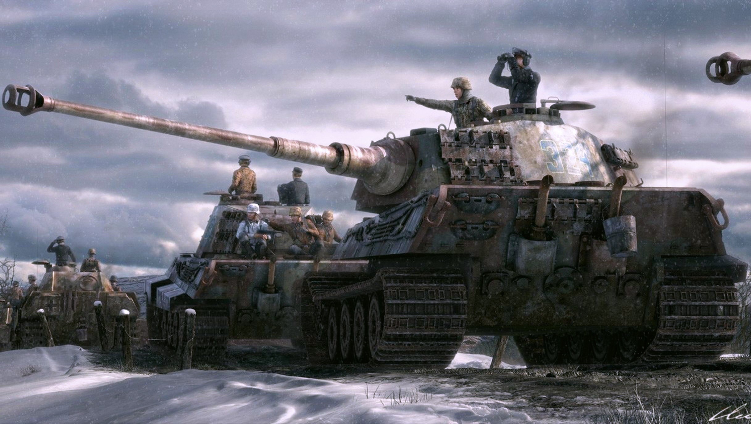 Painting of German tanks and soldiers in winter HD Wallpaper