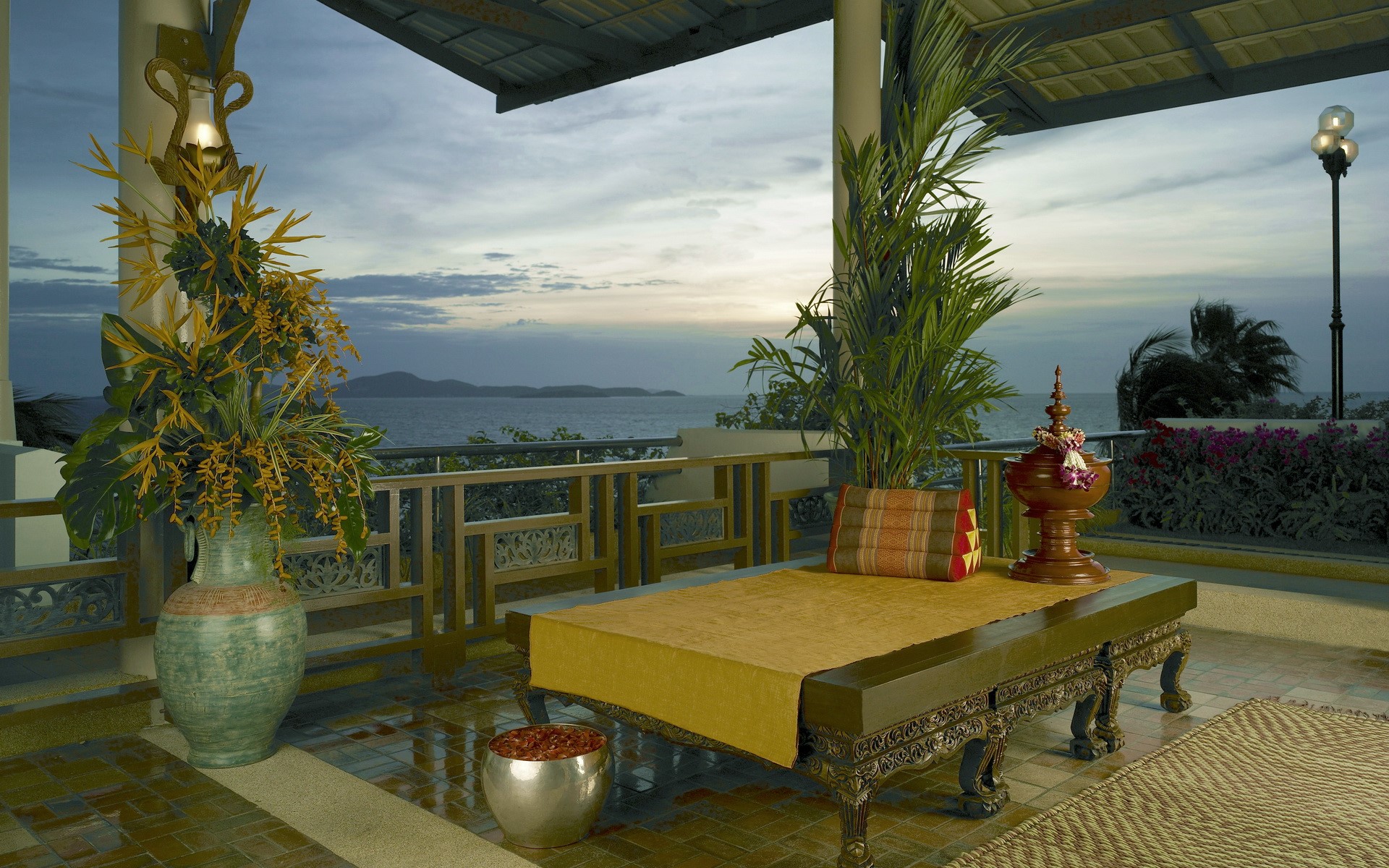 Balcony with ocean view and tropical plants HD Wallpaper