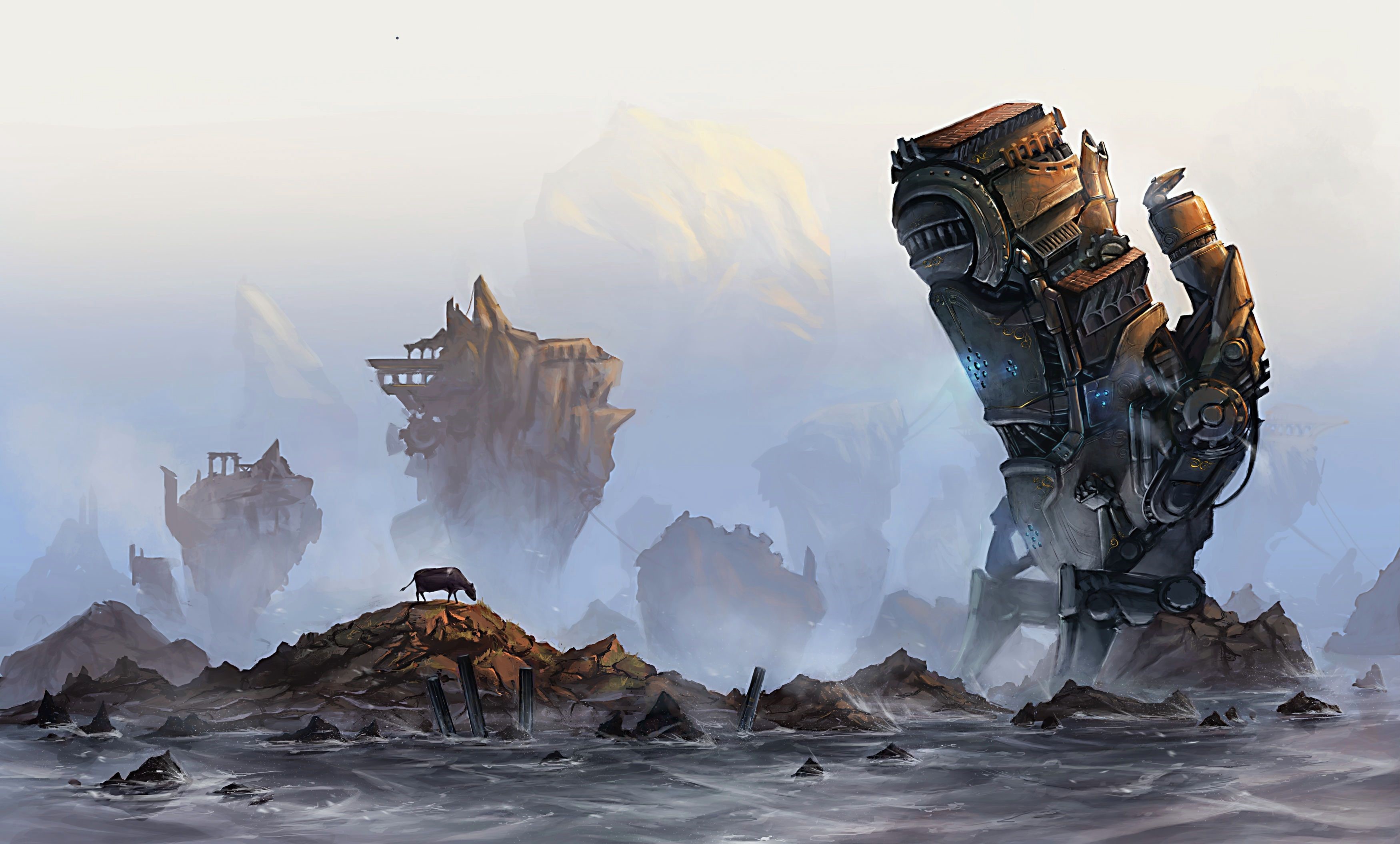 Steampunk giant robot arm and floating islands HD Wallpaper