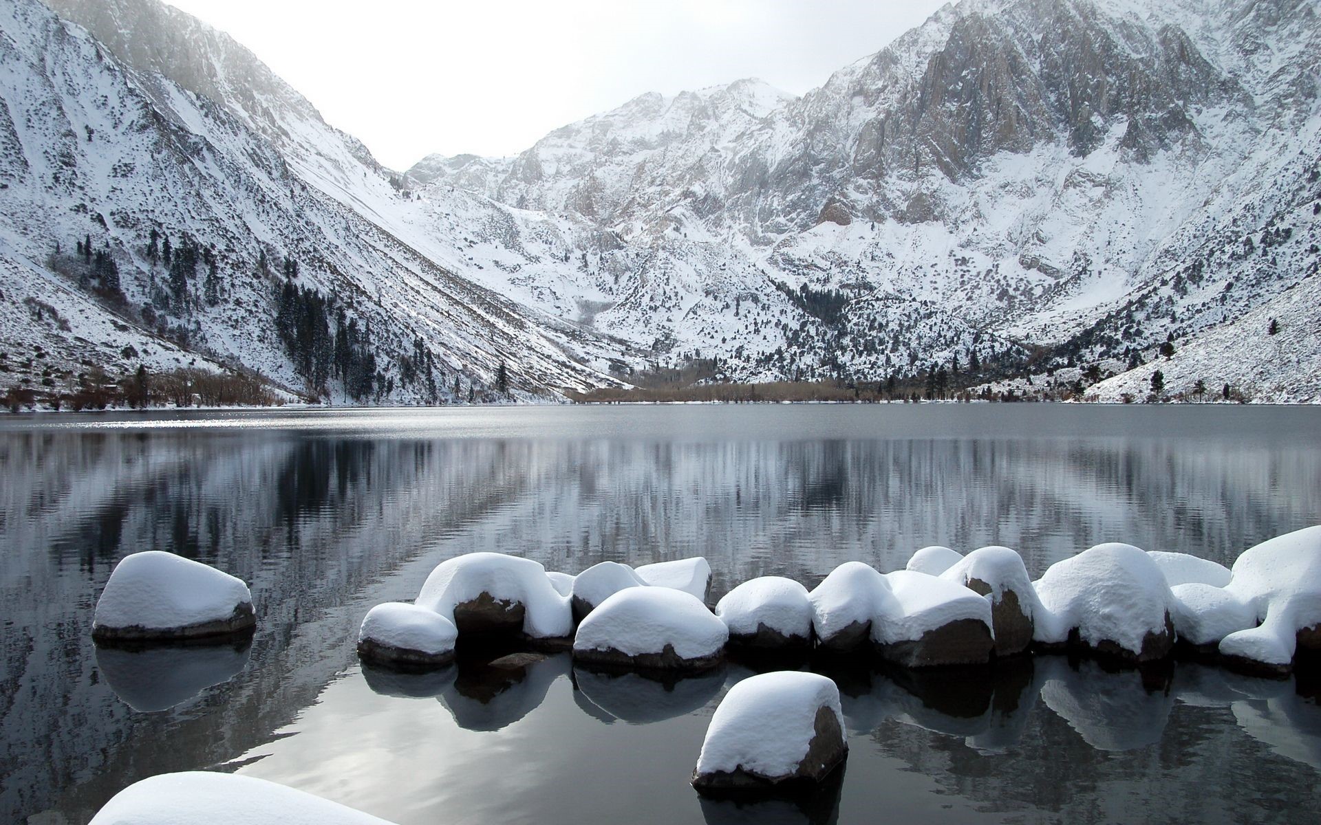 Snowy Mountains Reflecting in a Calm Lake HD Wallpaper
