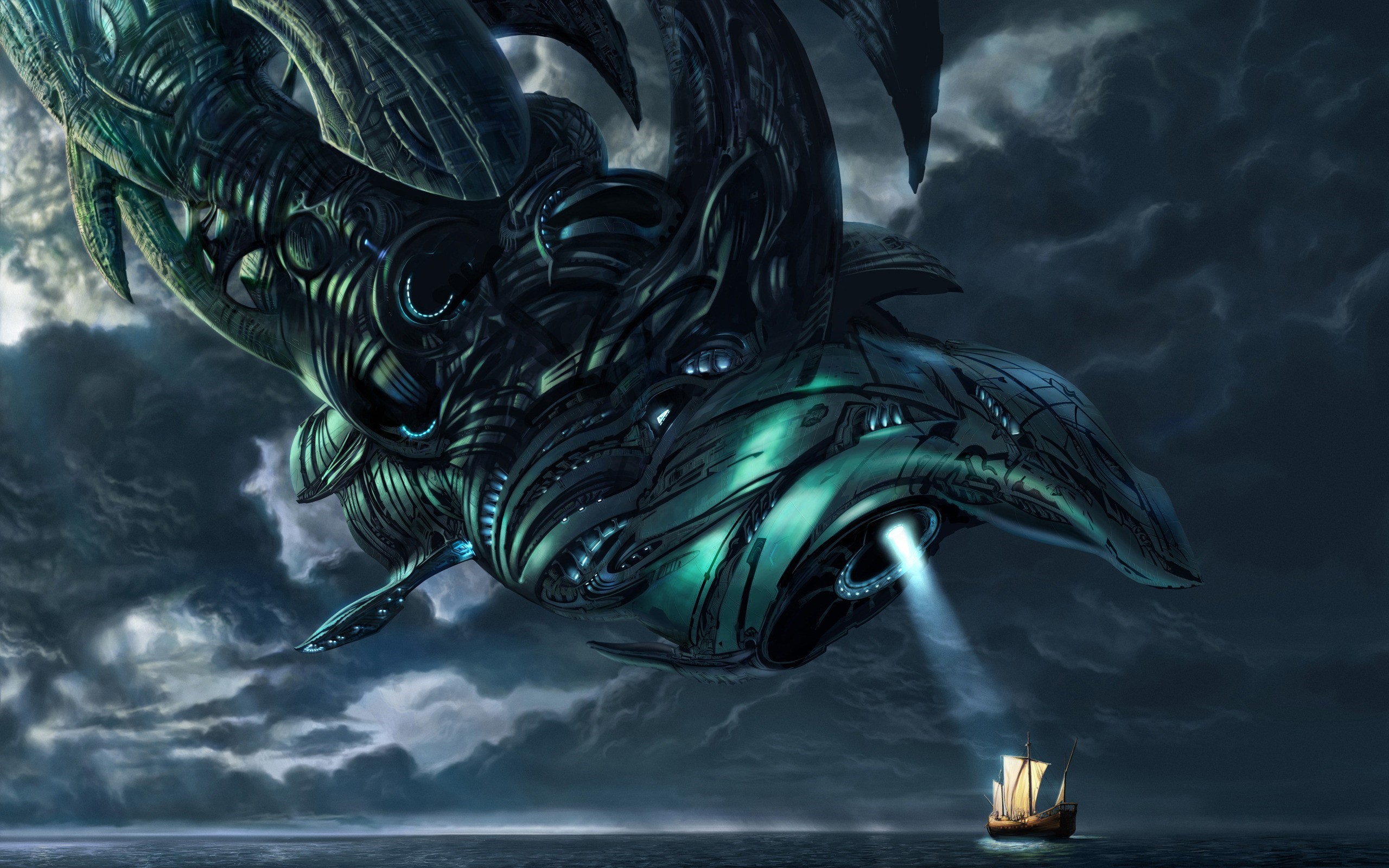 Alien spaceship over a ship at sea HD Wallpaper
