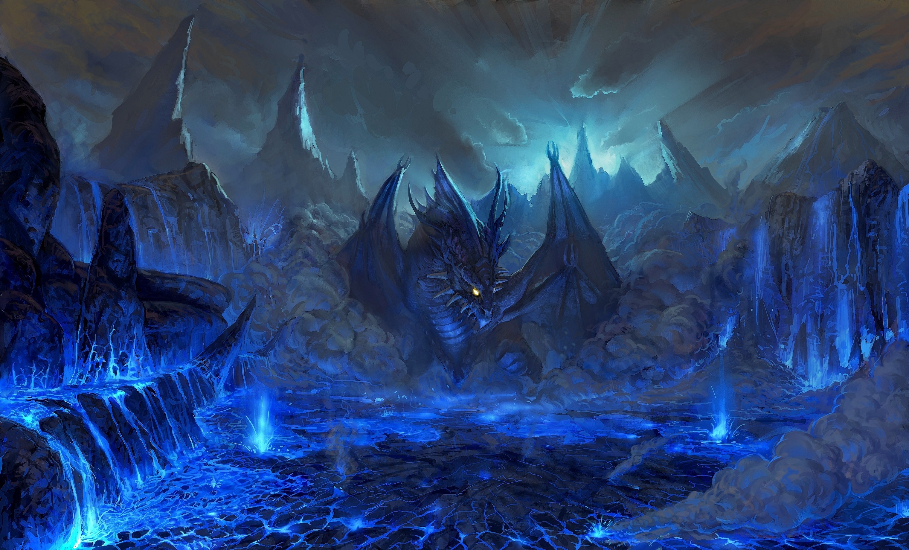 A fearsome dragon in a blue, rocky landscape HD Wallpaper