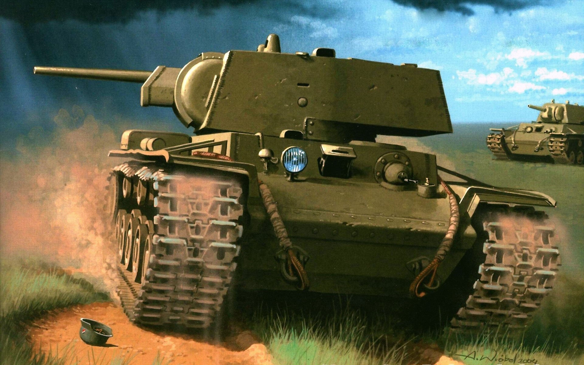 Painting of two Soviet KV-2 tanks in a field HD Wallpaper