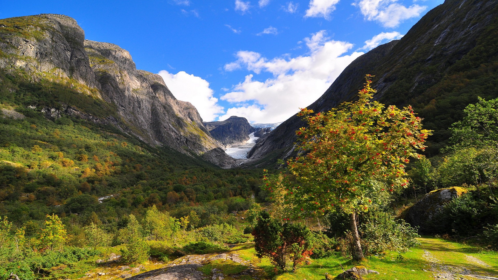 Mountains and Glacier in a Valley HD Wallpaper