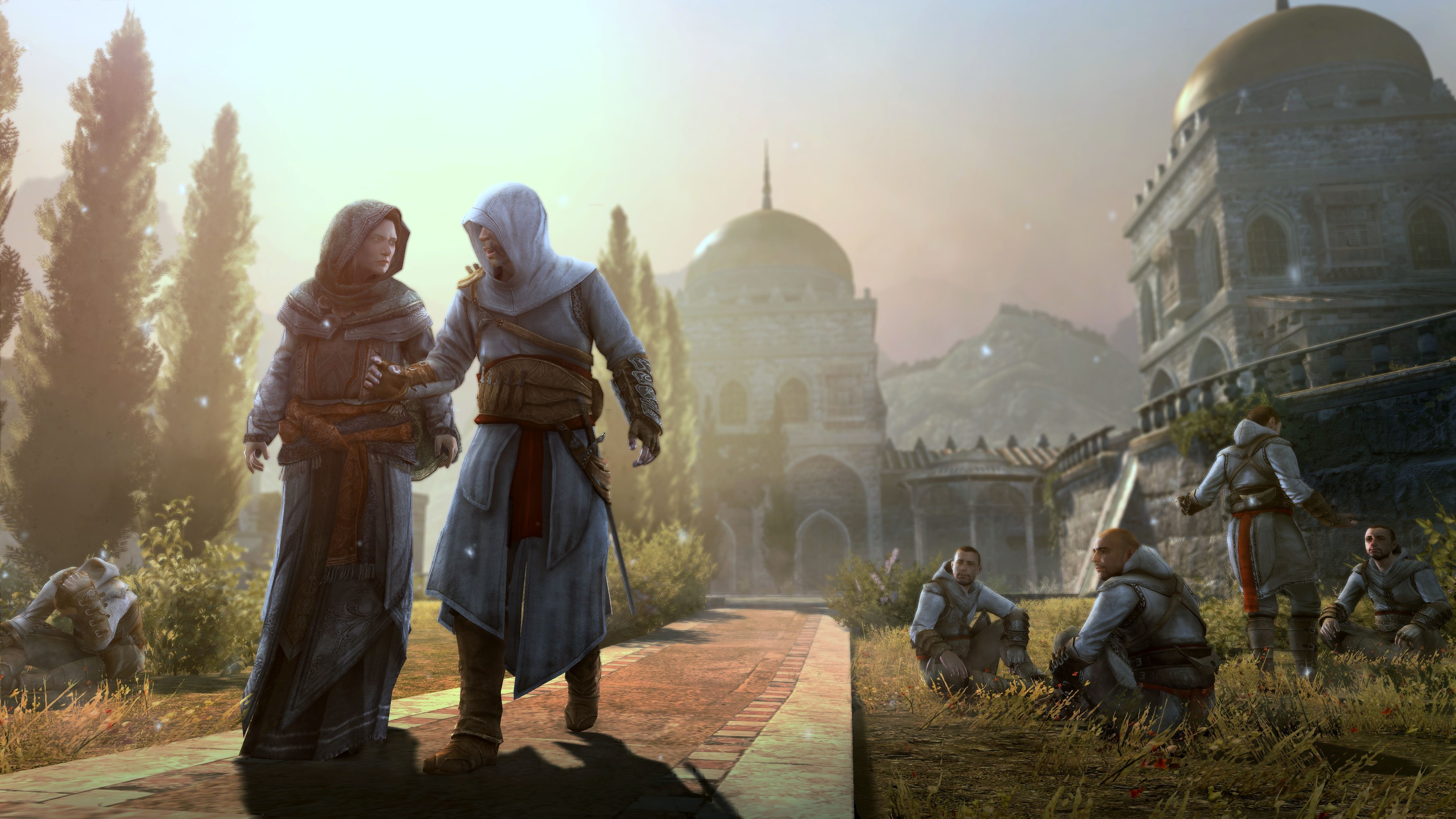 Assassin's Creed characters in a courtyard HD Wallpaper