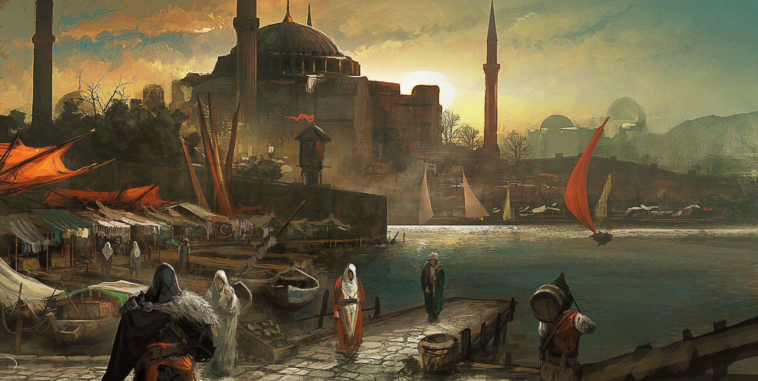 Assassin from Assassin's Creed in a marketplace by the water HD Wallpaper