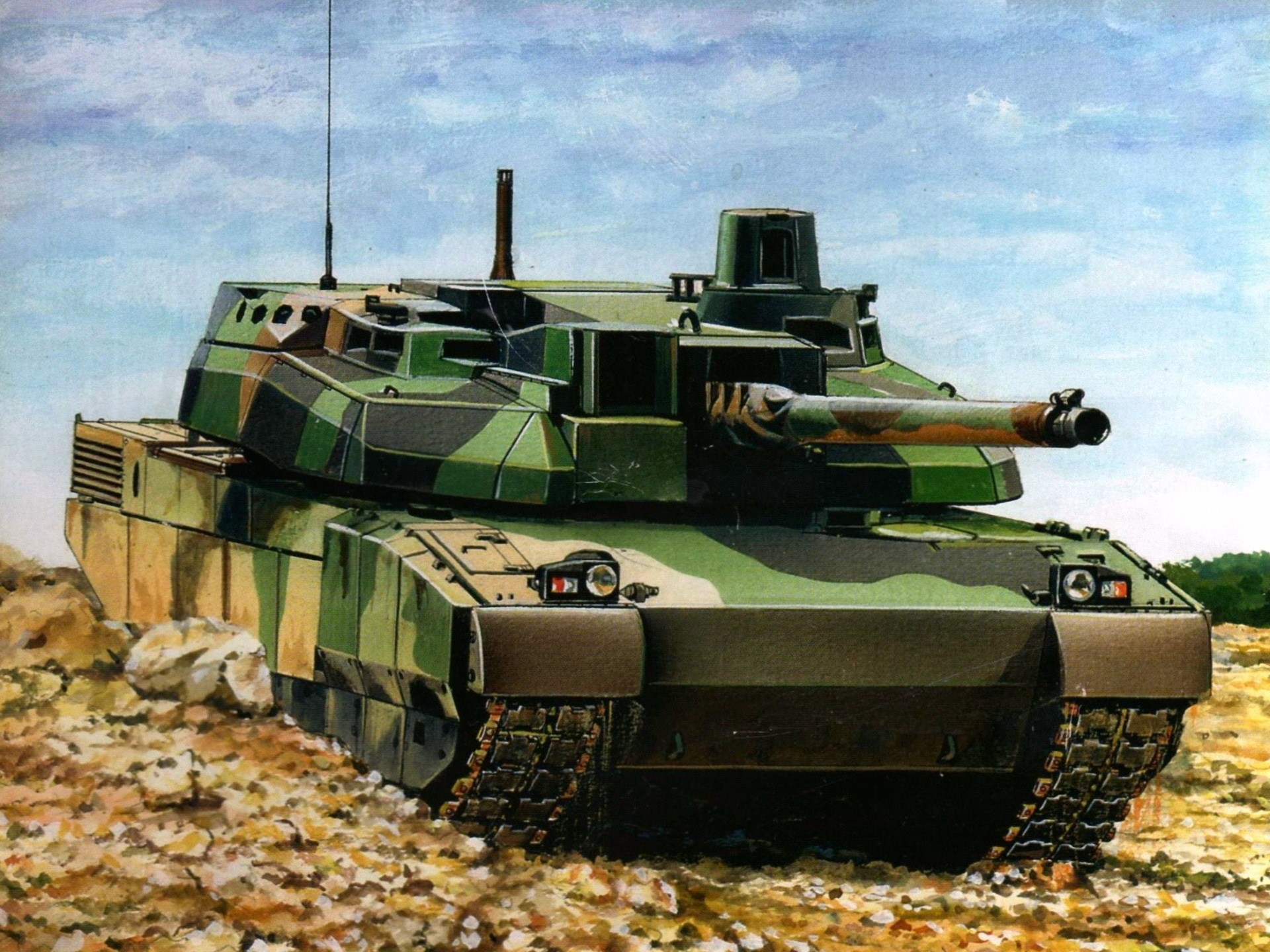 Painting of a camouflaged Leclerc main battle tank HD Wallpaper