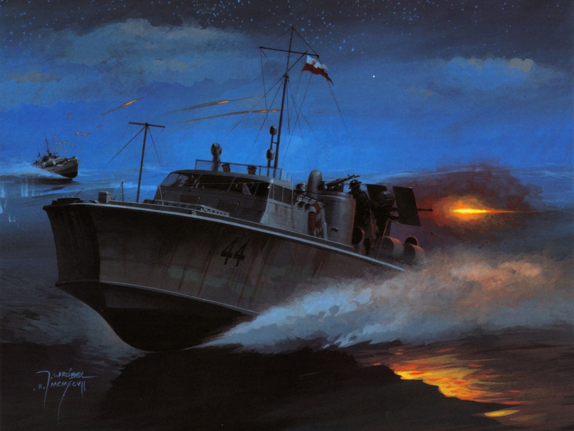 Painting of PT Boat in Combat at Night HD Wallpaper