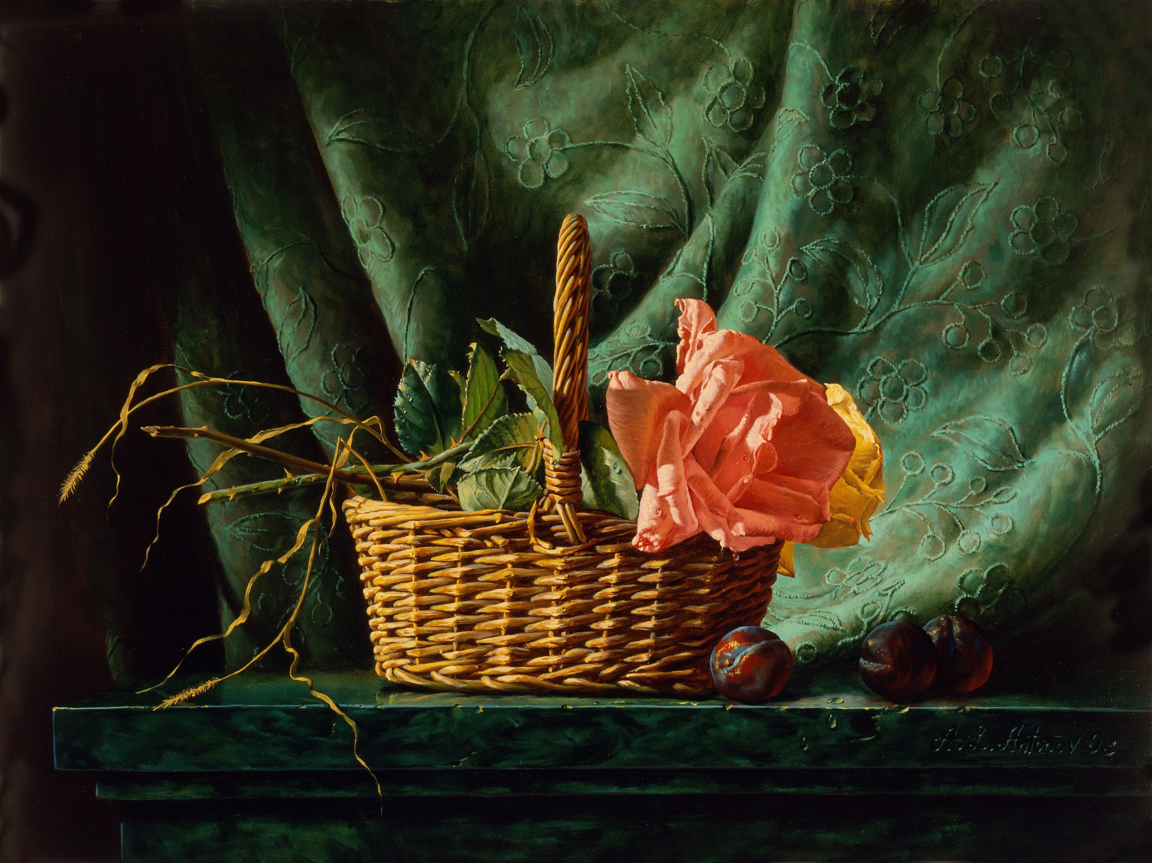 Still life with basket of flowers and plums by Alexei Antonov HD Wallpaper