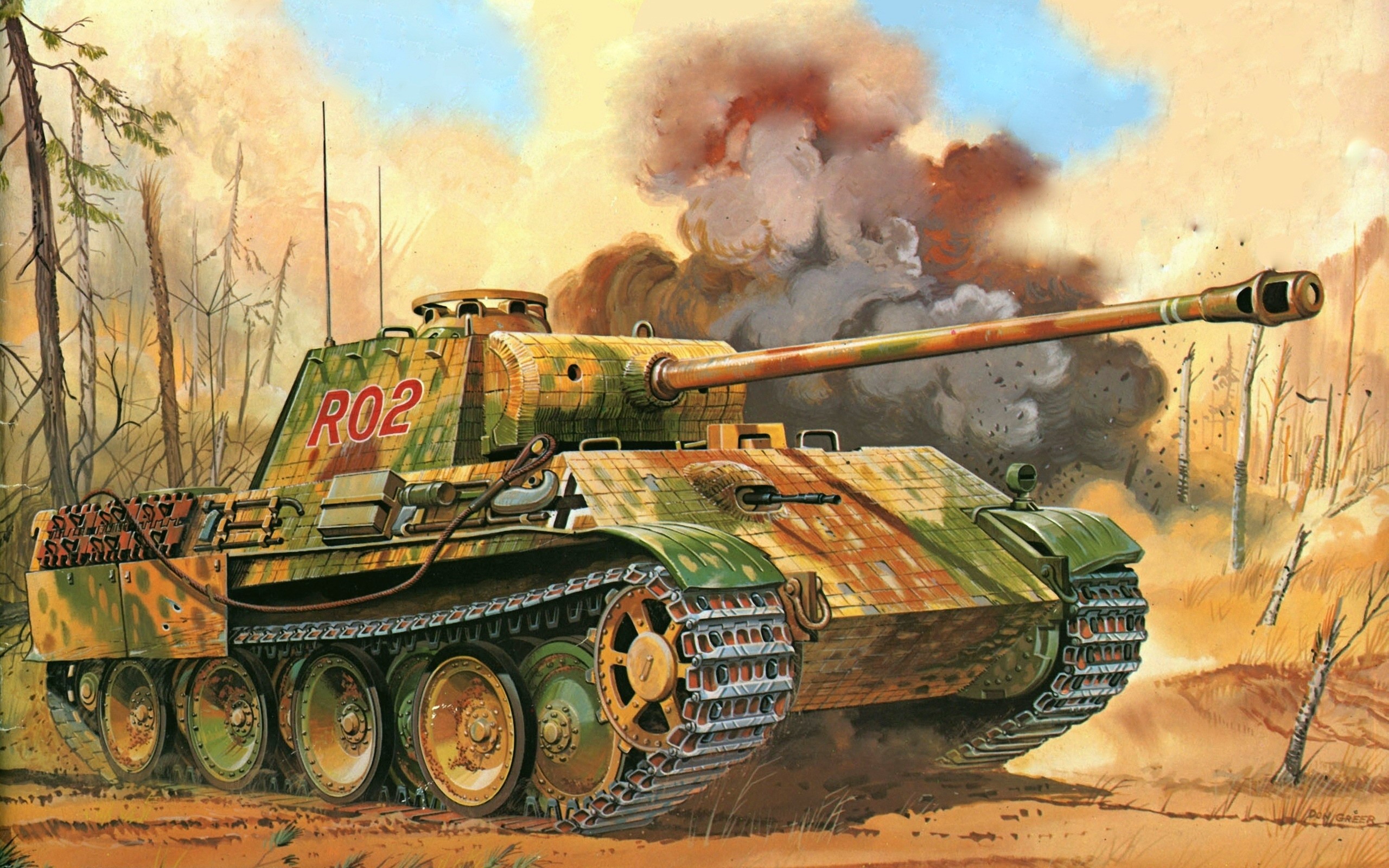 Panther tank in a forest with smoke and explosions HD Wallpaper