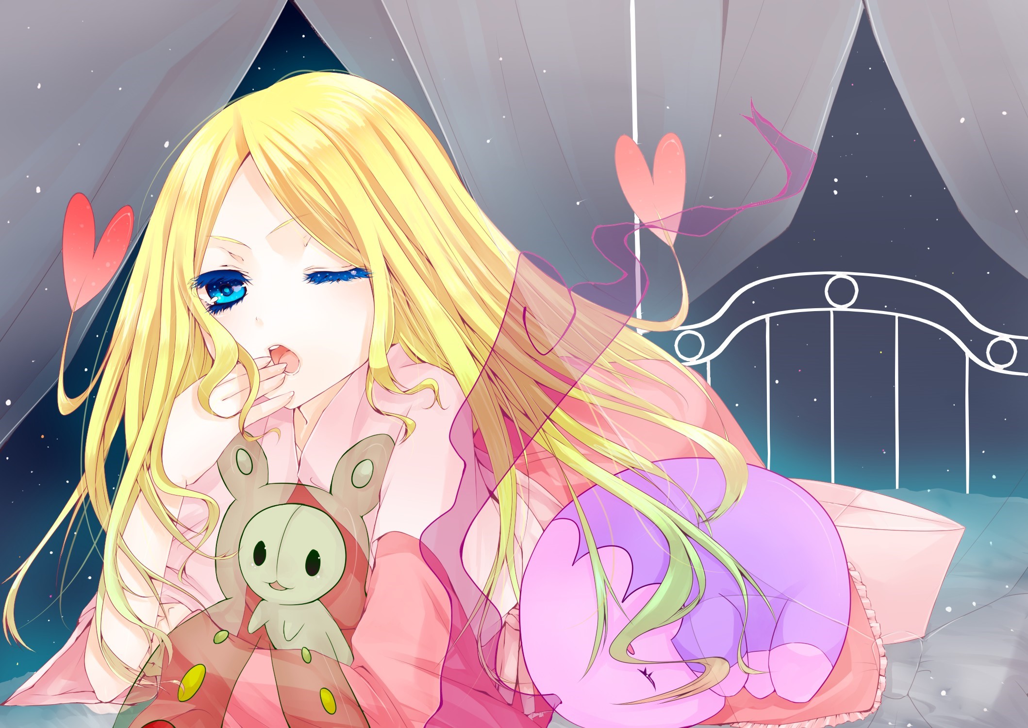 Girl yawning with stuffed toys in bed at night HD Wallpaper